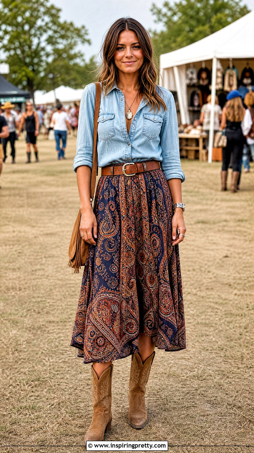 Paisley Western Skirt And Denim Button Down Top - 50 western skirt and top outfit ideas