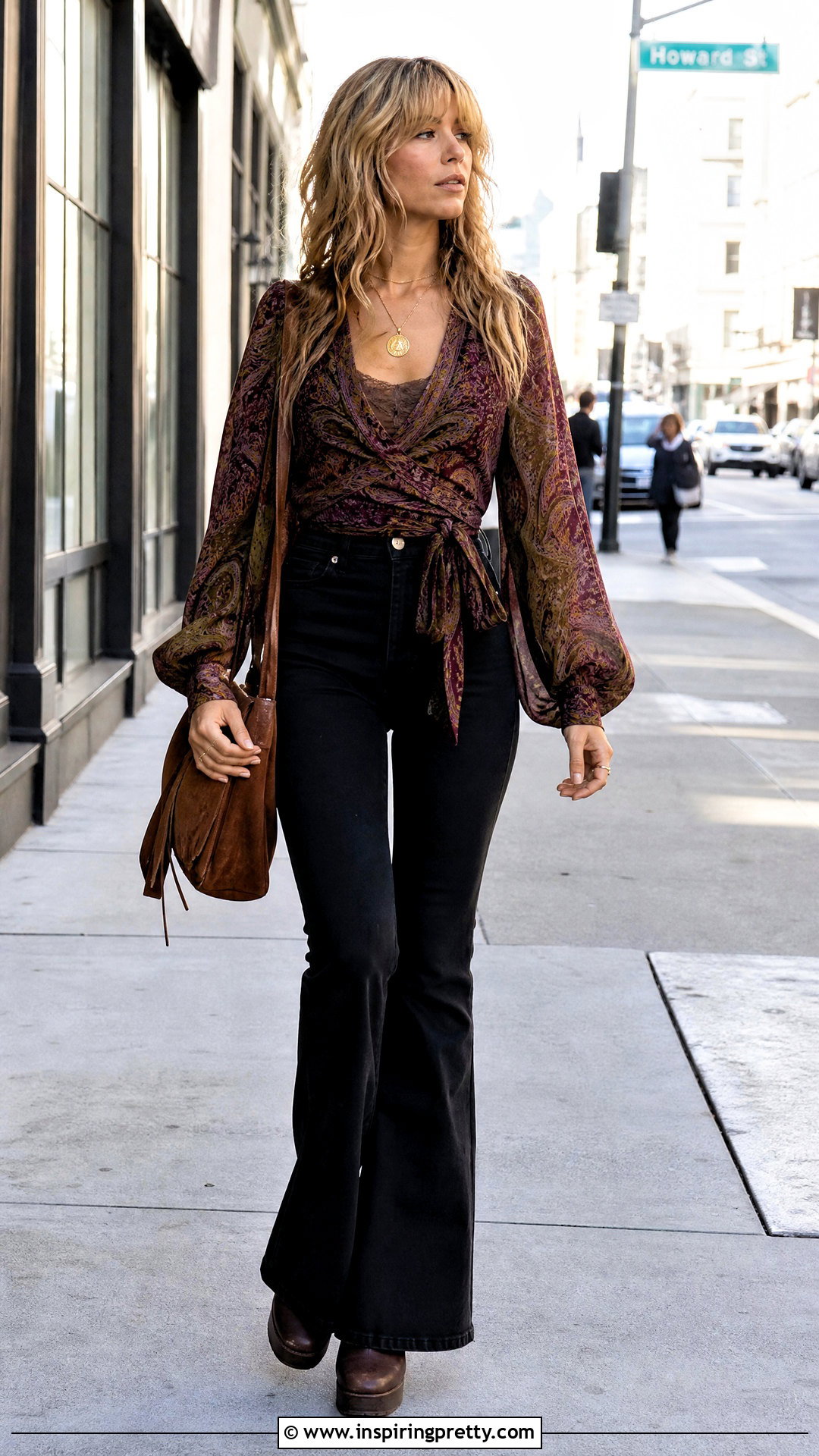 Paisley Wrap Top With Black Flare Jeans - 20 Stevie Nicks Style Tops