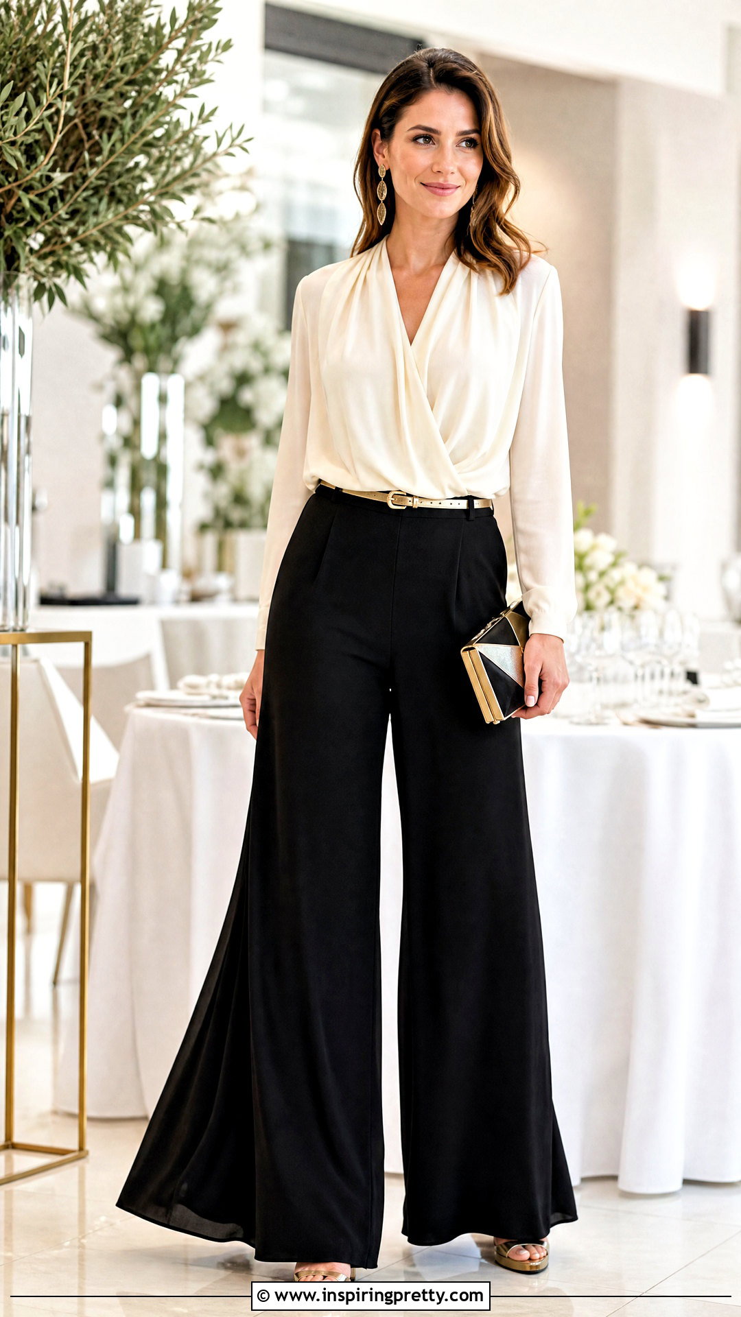 Palazzo Pants And Draped Blouse Outfit - 50 gathered top outfit ideas