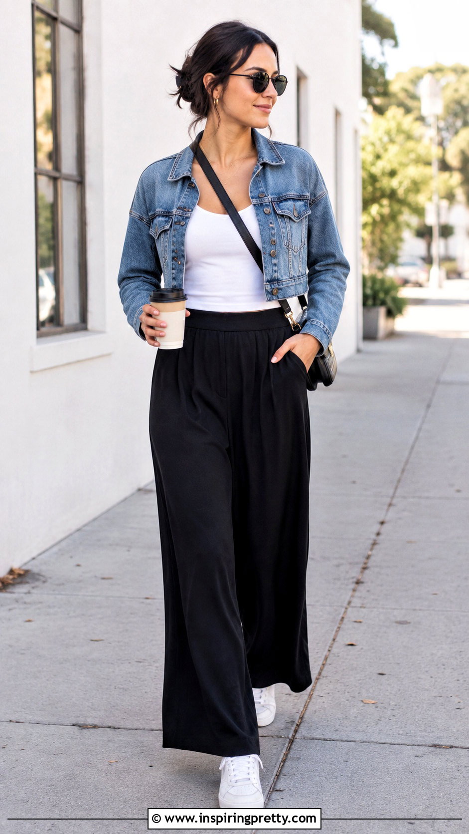 Palazzo Pants With Denim Jacket And Tank - 50 palazzo and top styles