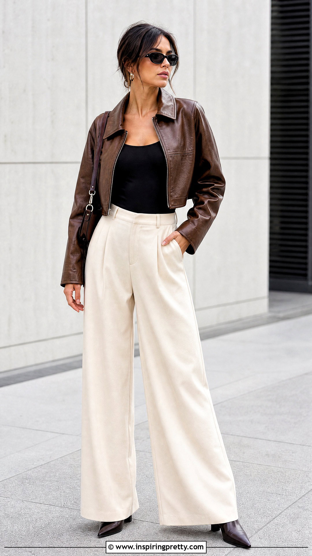 Palazzo Pants With Leather Jacket And Bodysuit - 50 palazzo pants and top outfit ideas