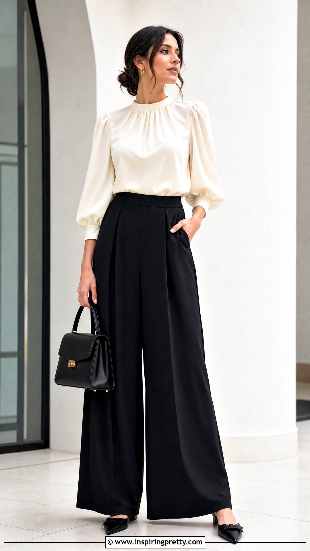 Palazzo Pants With Puff Sleeve Blouse - 50 palazzo pants and top outfit ideas