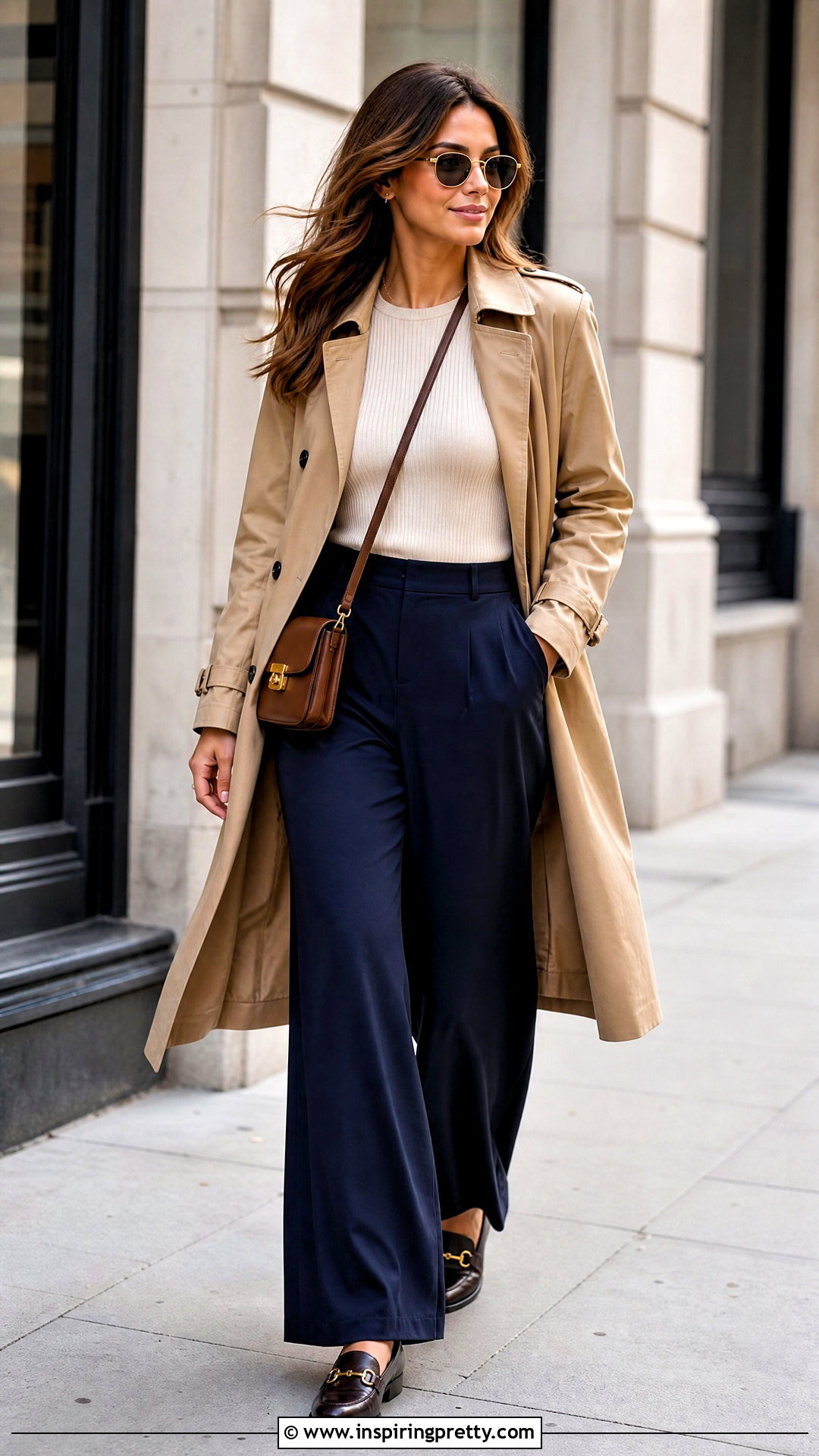 Palazzo Pants With Trench Coat And Knit Top - 50 palazzo pants and top outfit ideas