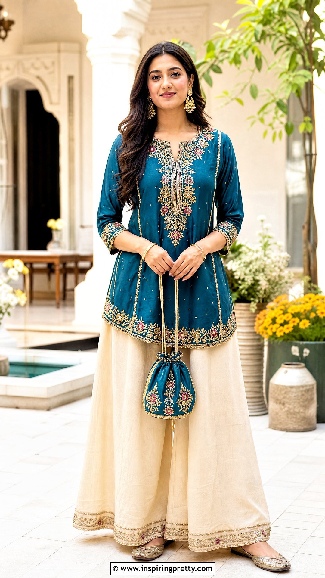 Palazzo Trousers With Embroidered Kurti - 50 palazzo trouser and top for ladies