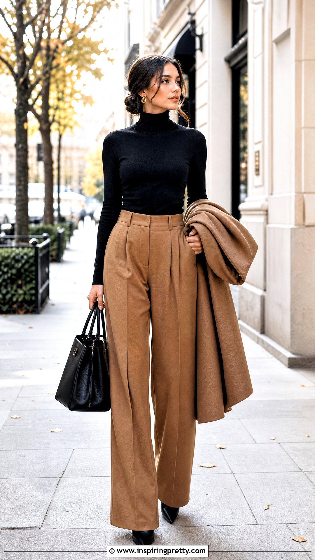 Palazzo Trousers With Fitted Turtleneck - 50 palazzo trouser and top outfit ideas