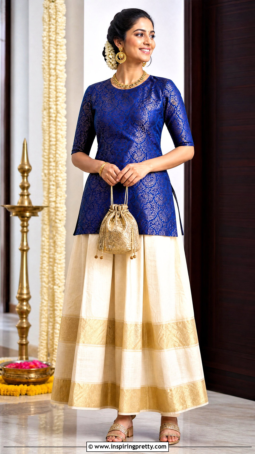 Panelled Kasavu Onam Skirt And Long Brocade Top - 50 latest onam skirt and top designs