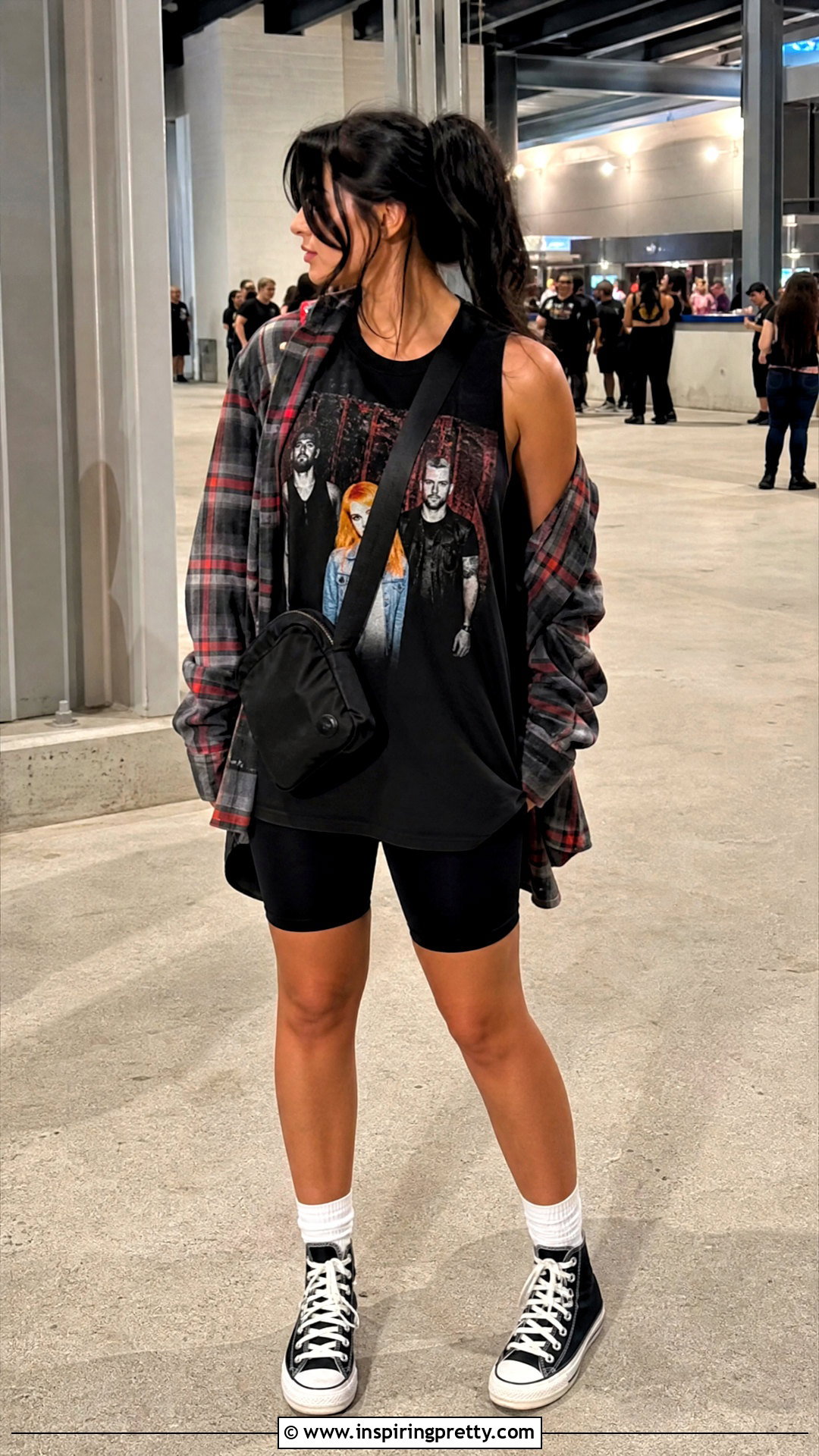 Paramore Tank Top With Biker Shorts And Oversized Flannel - 25 paramore tank top outfit ideas