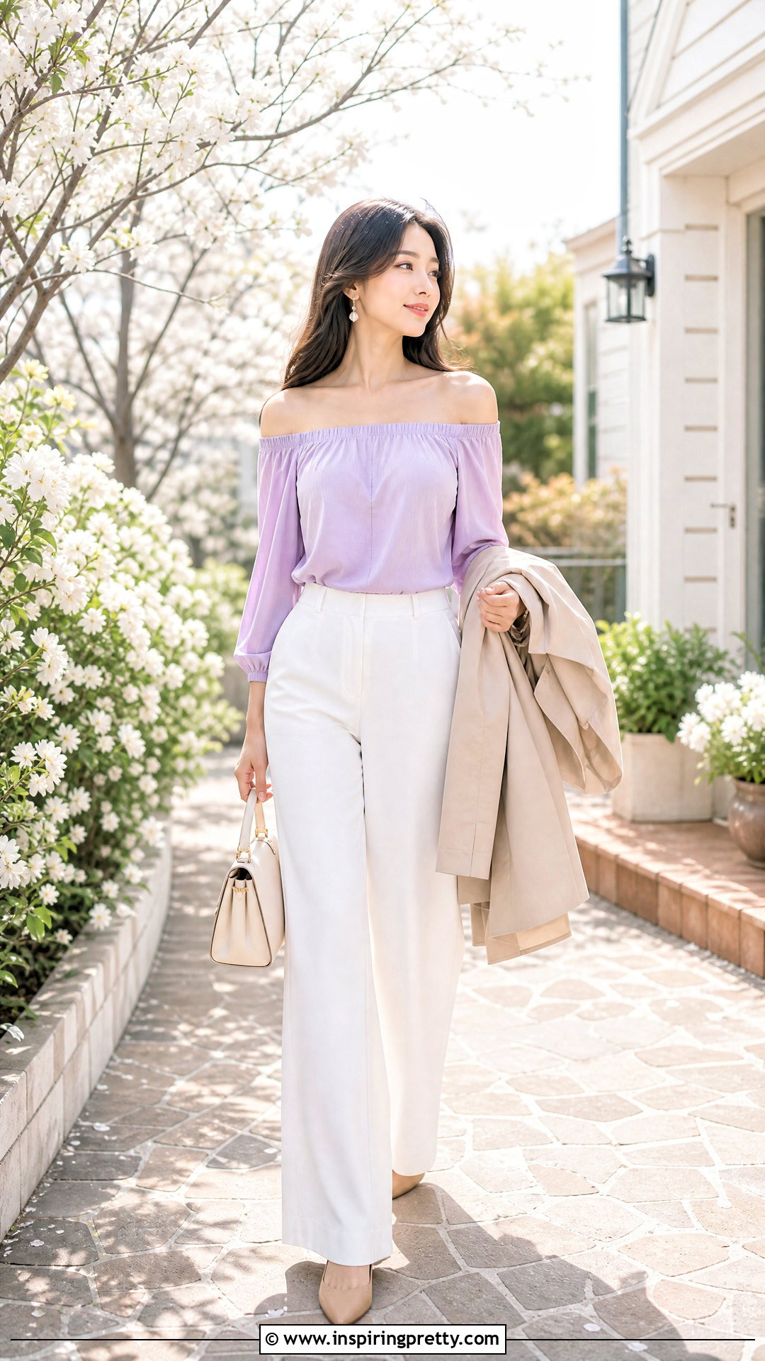 Pastel Bardot Top With White Trousers - 50 bardot top outfit ideas