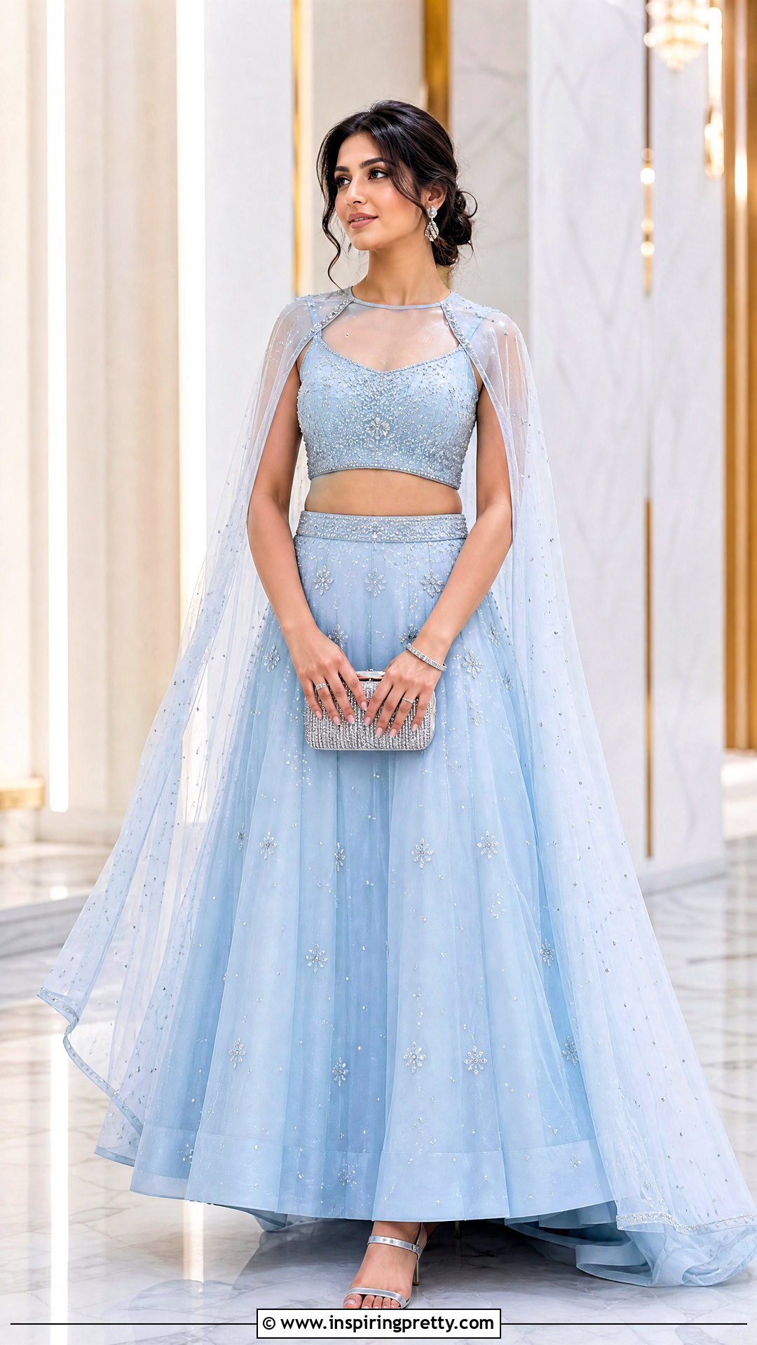 Pastel Blue Cape Crop Top Lehenga - 50 crop top lehenga designs
