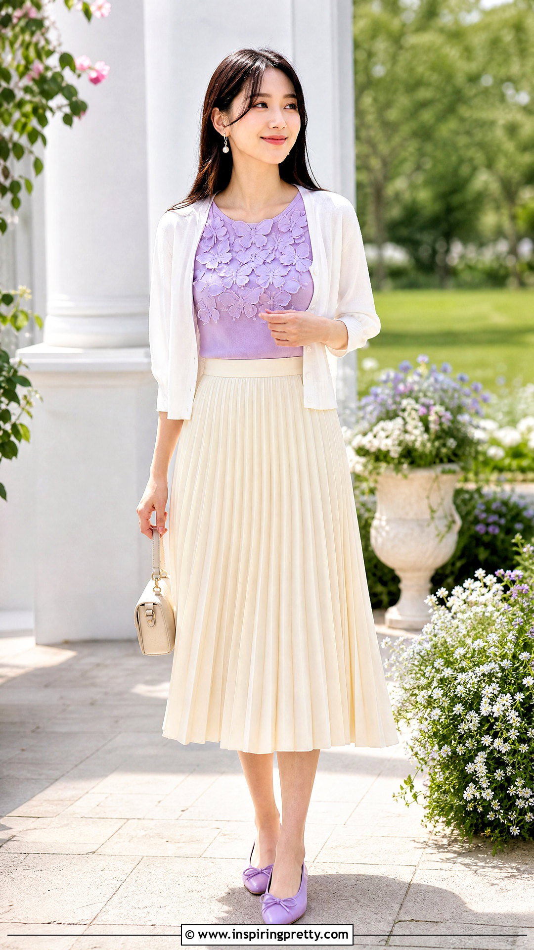 Pastel Butterfly Applique Top With Pleated Midi Skirt - 25 butterfly applique top outfit ideas