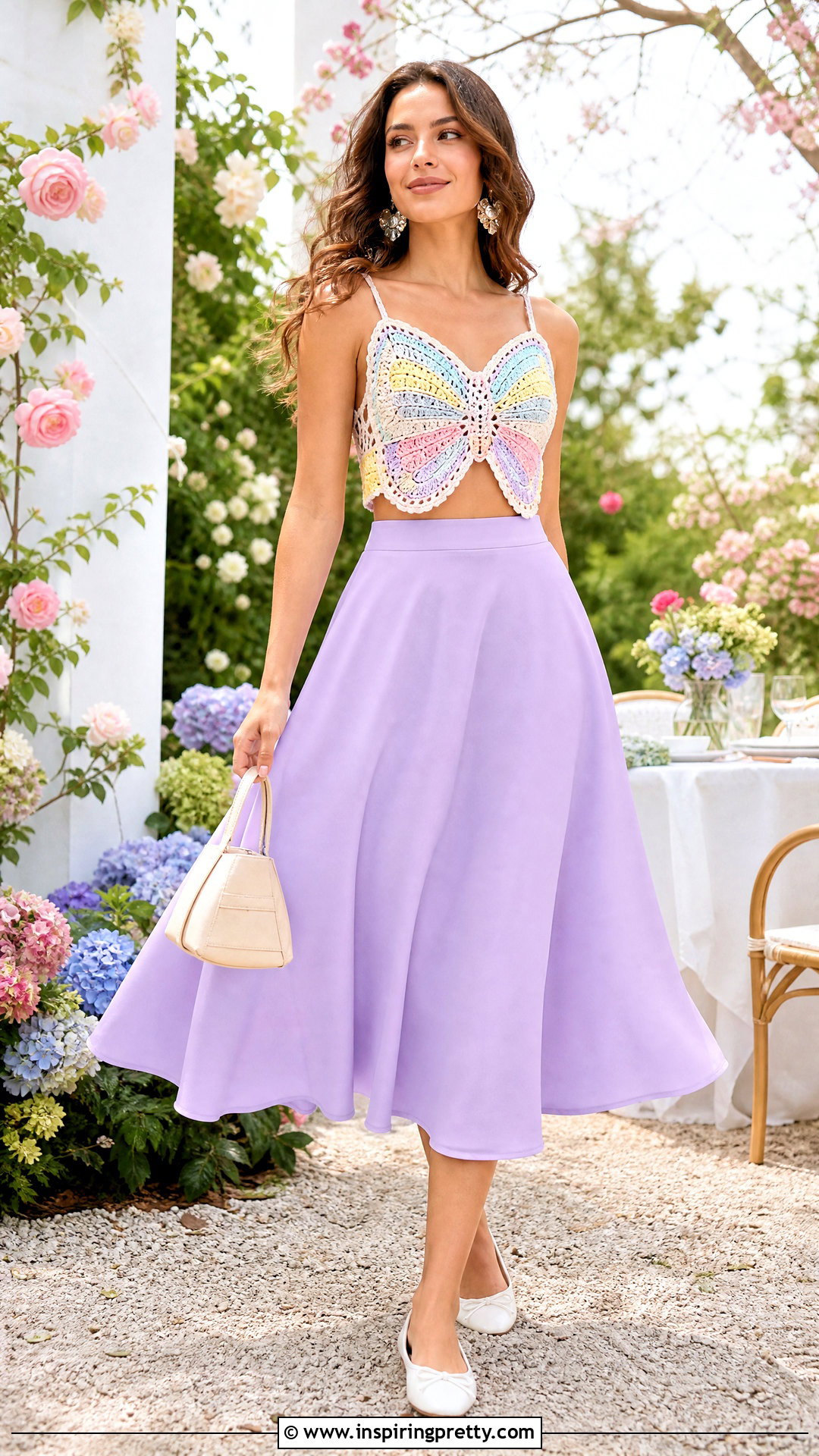 Pastel Butterfly Crochet Top With Lilac Skirt - 50 butterfly crochet top outfit ideas