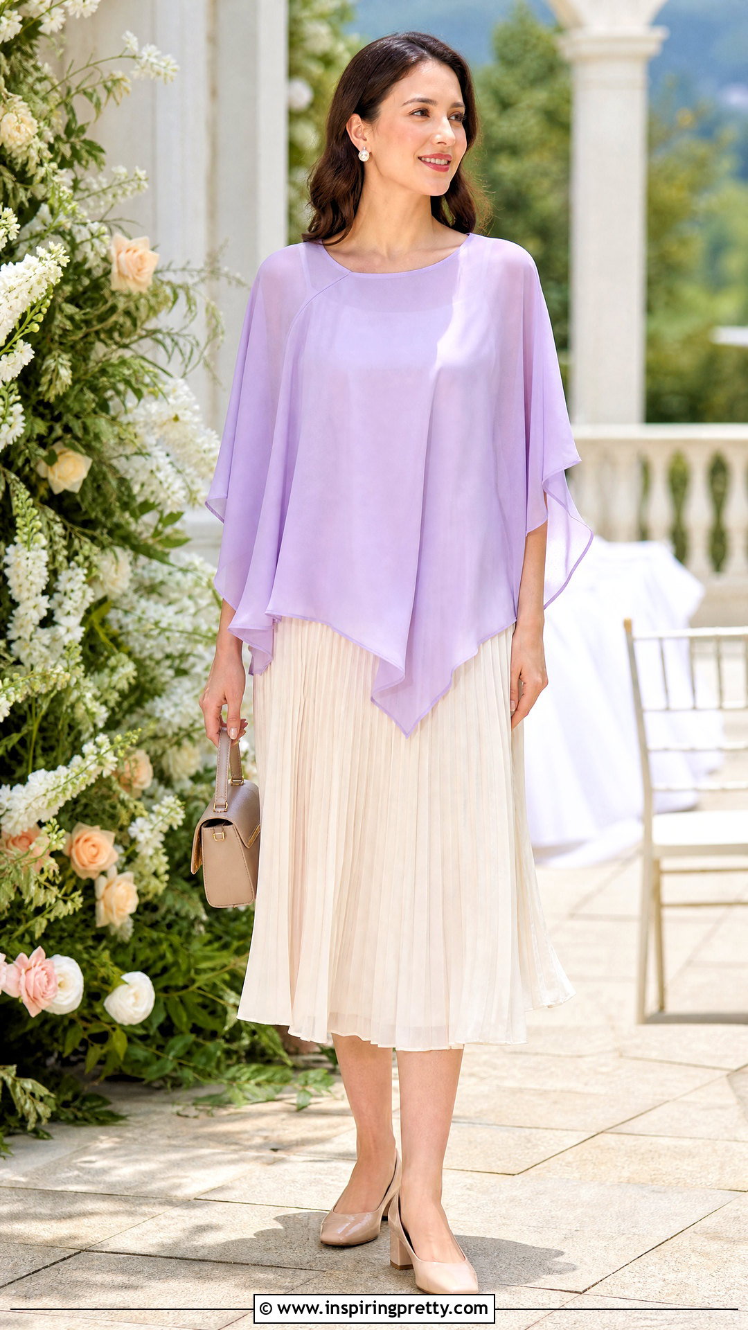 Pastel Chiffon Poncho Top With Pleated Midi Skirt - 25 Chiffon Poncho Tops outfit ideas