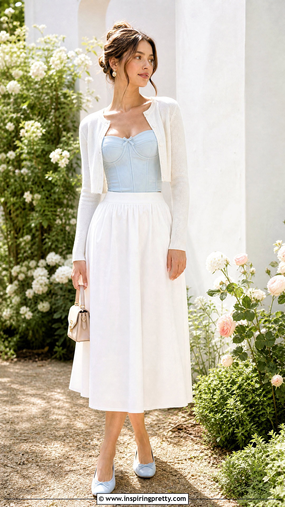 Pastel Corset Top With White Midi Skirt - 50 corset top outfit ideas