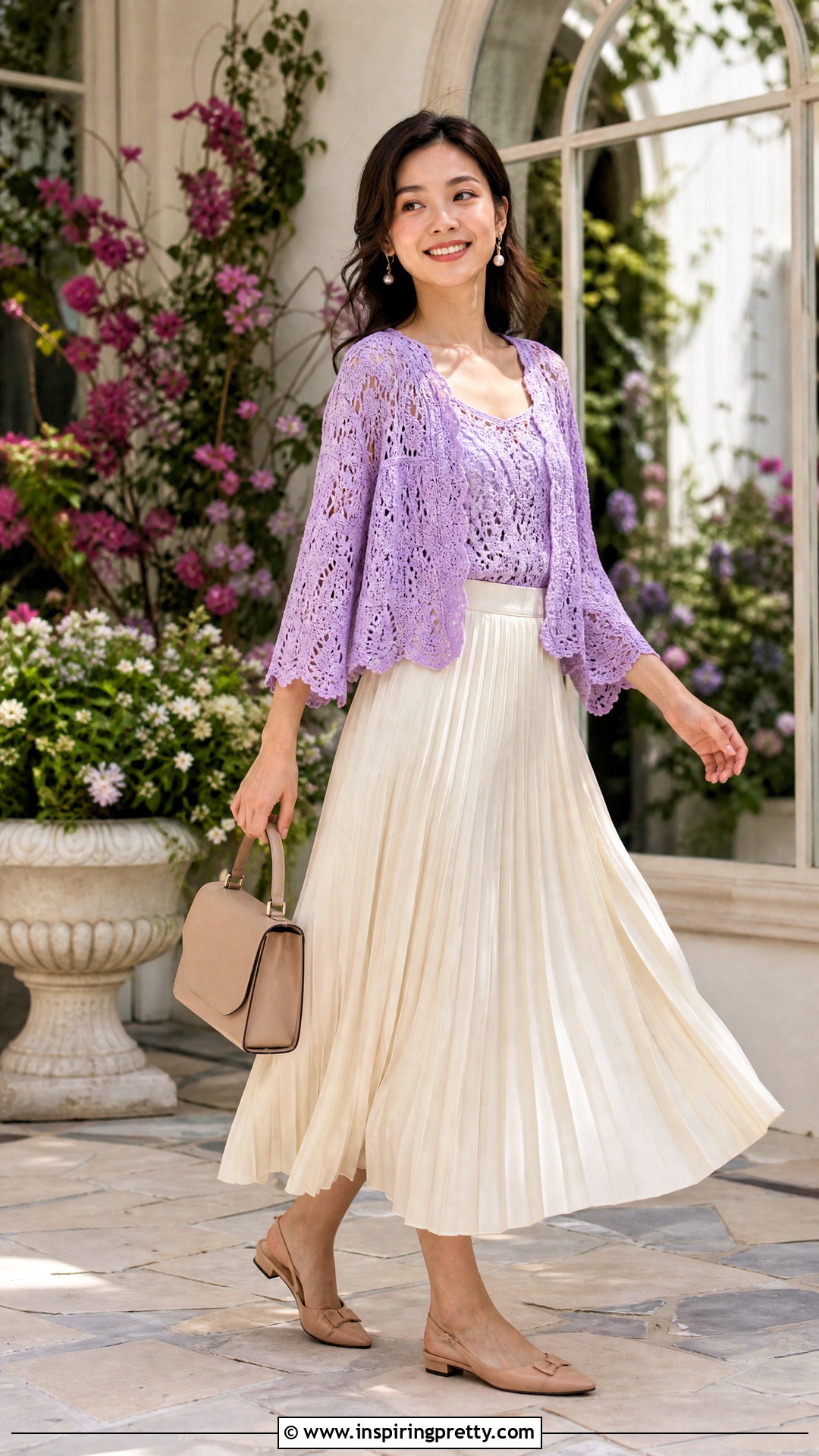 Pastel Crochet Flowy Top With Pleated Midi Skirt - 20 crochet flowy top outfit ideas