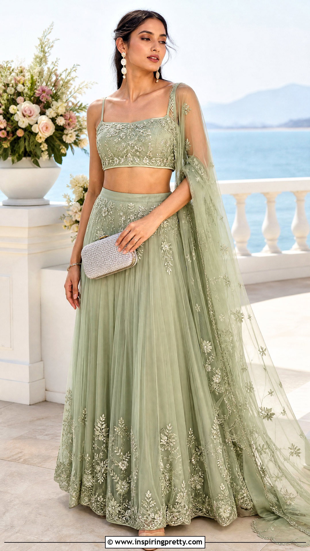 Pastel Embroidered Crop Top And Net Skirt - 25 crop top and skirt indian party wear for women outfit ideas