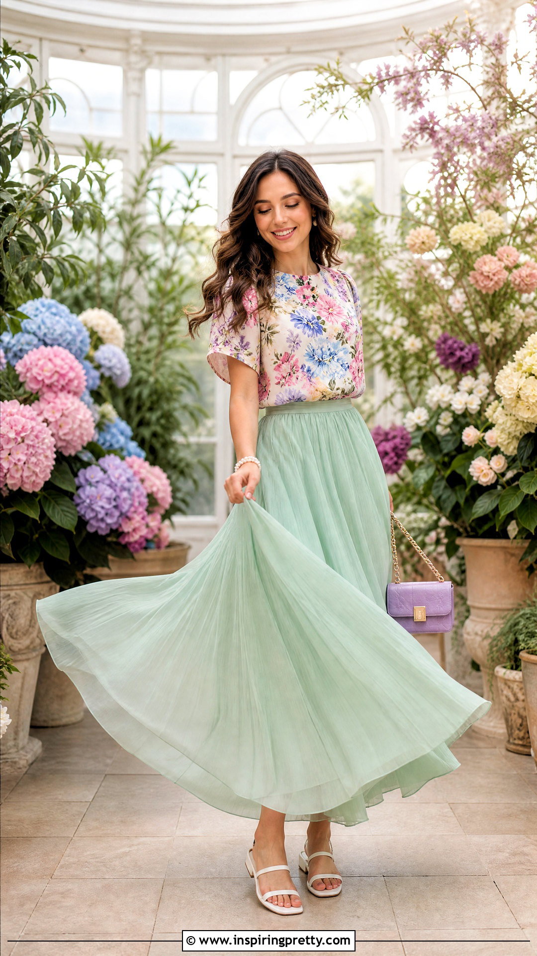 Pastel Flower Top With Mint Maxi Skirt - 50 flower top photoshoot ideas