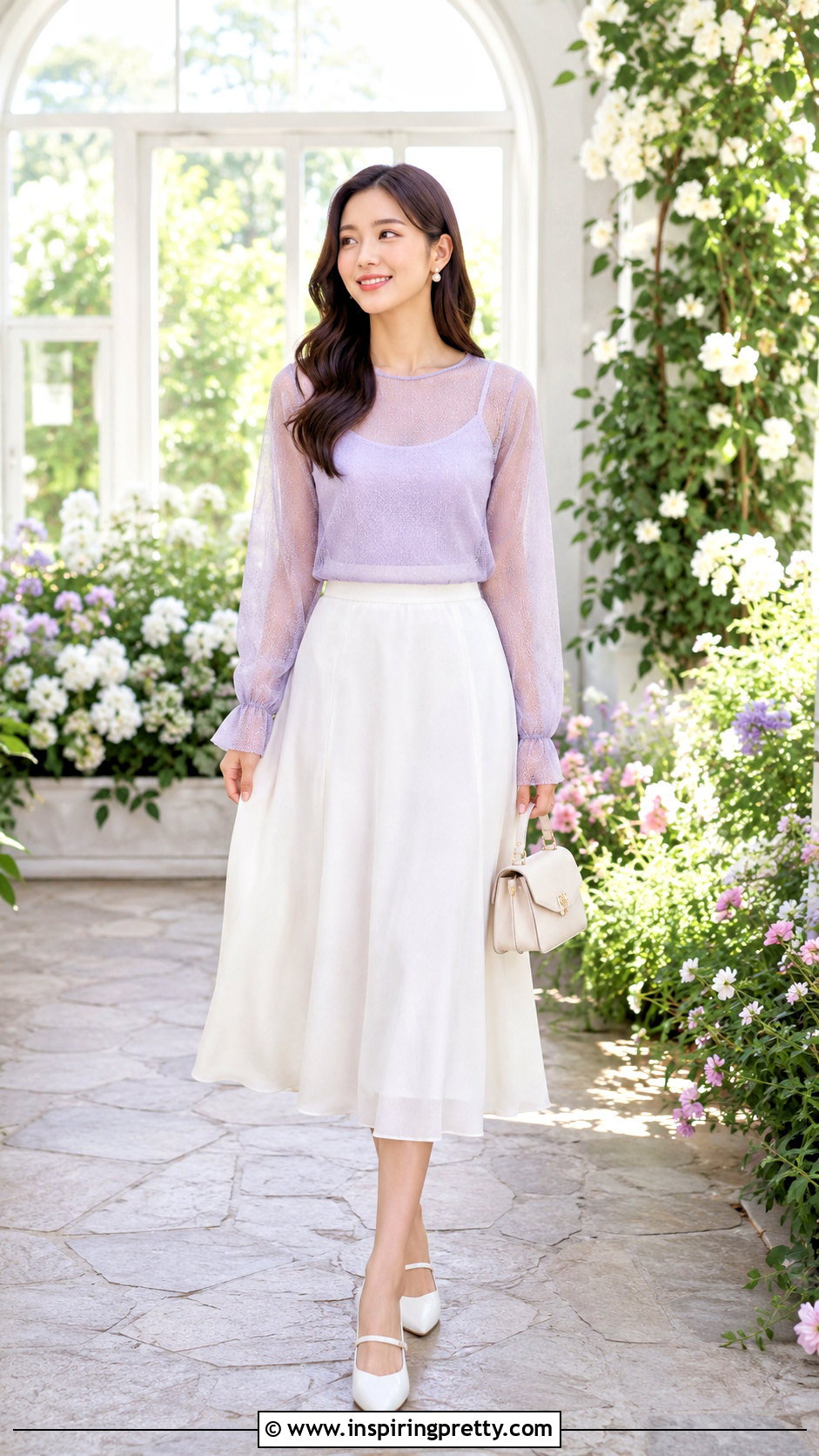 Pastel Mesh Top With A White Midi Skirt - 50 messy top outfit ideas