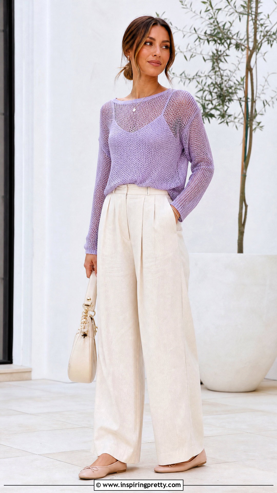 Pastel Mesh Top With Cream Pants - 50 mesh tops outfit ideas
