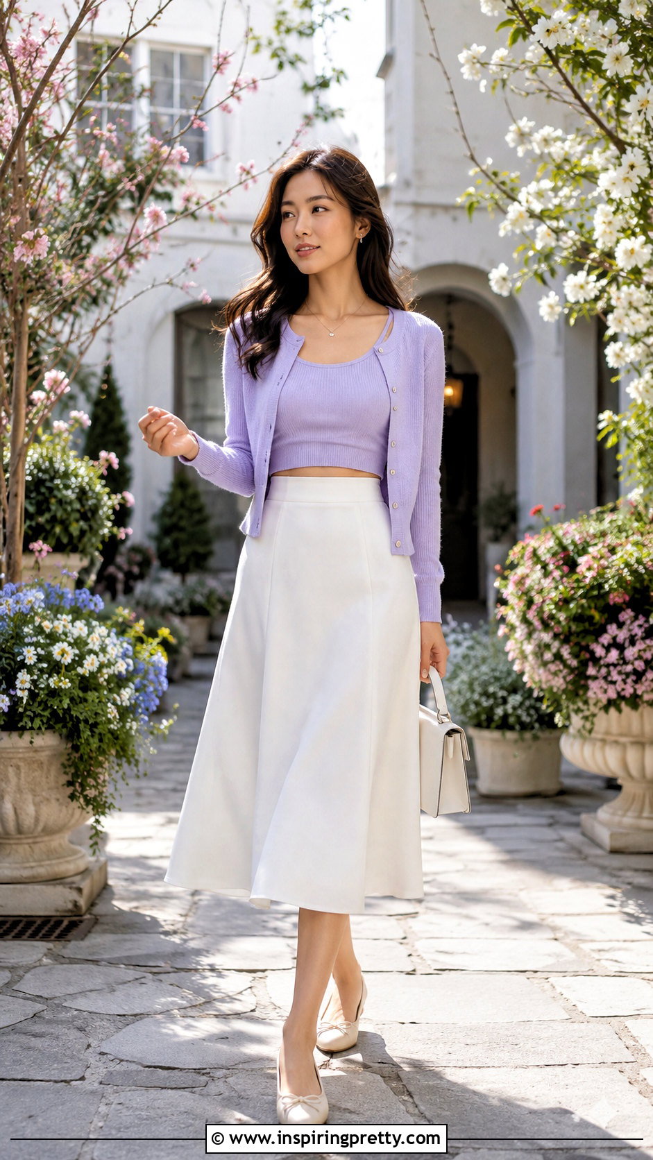 Pastel Midriff Top With White Midi Skirt - 50 midriff top outfit ideas