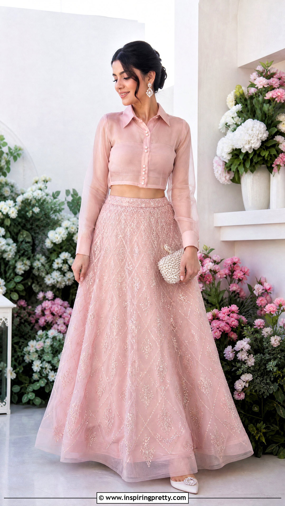 Pastel Organza Crop Shirt With Tulle Lehenga Outfit - 25 shirt crop top lehenga outfit ideas