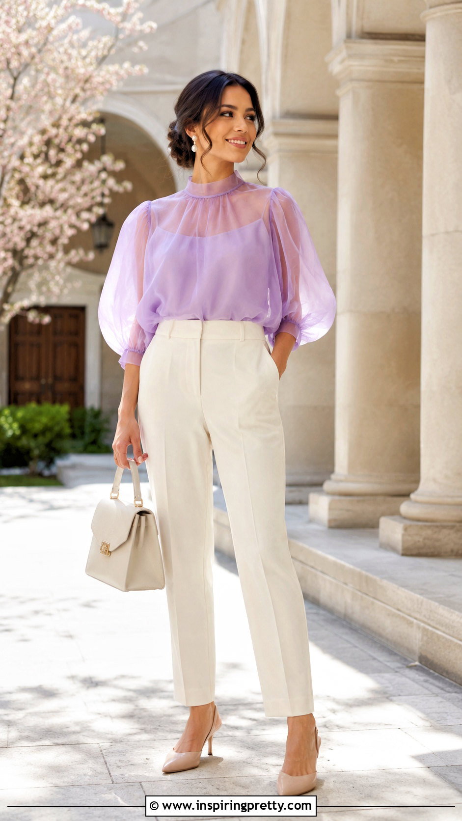 Pastel Organza Top With Cream Trousers - 50 Organza Top Outfit ideas