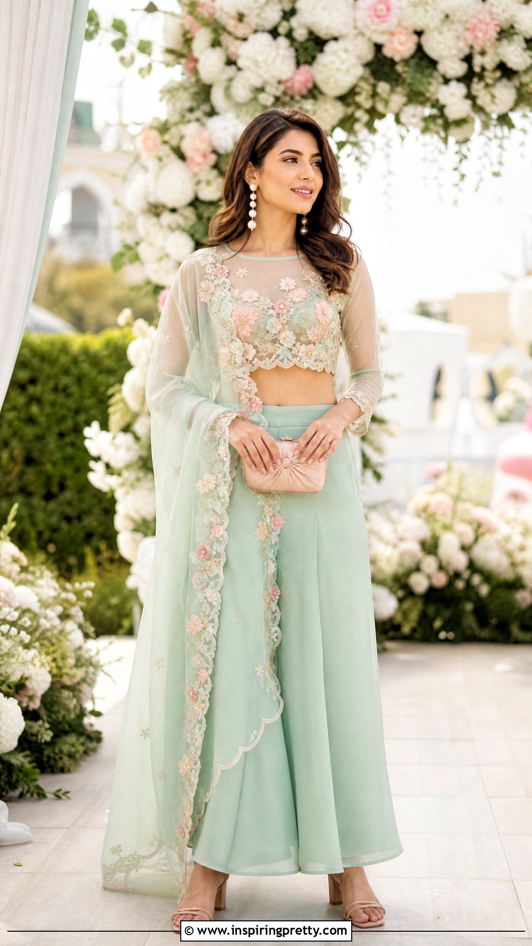 Pastel Palazzo With Organza Crop Top And Dupatta - 20 plazzo with crop top and dupatta outfit ideas