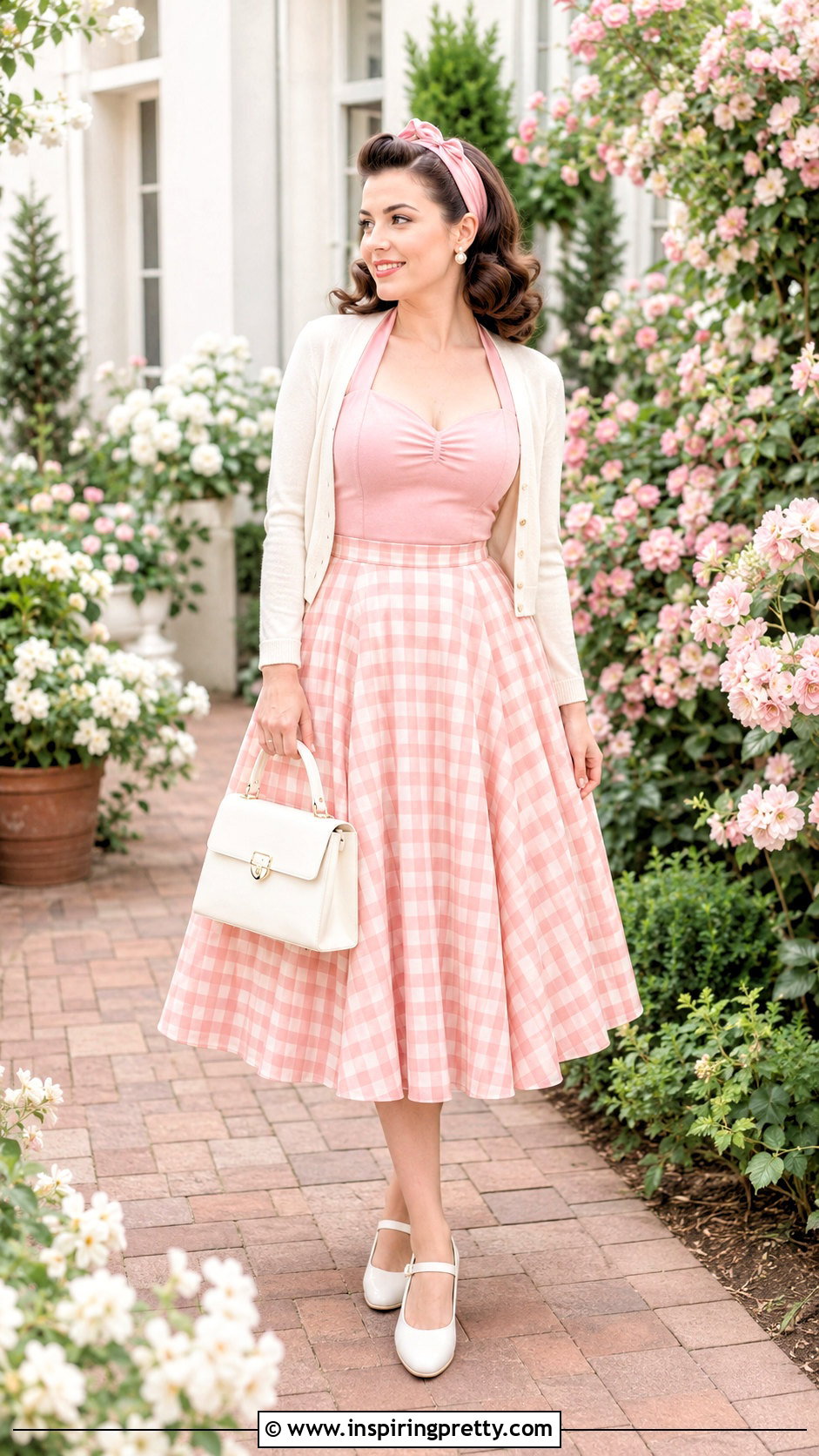 Pastel Rockabilly Halter Top With Checked Swing Skirt - 20 rockabilly halter top outfit ideas