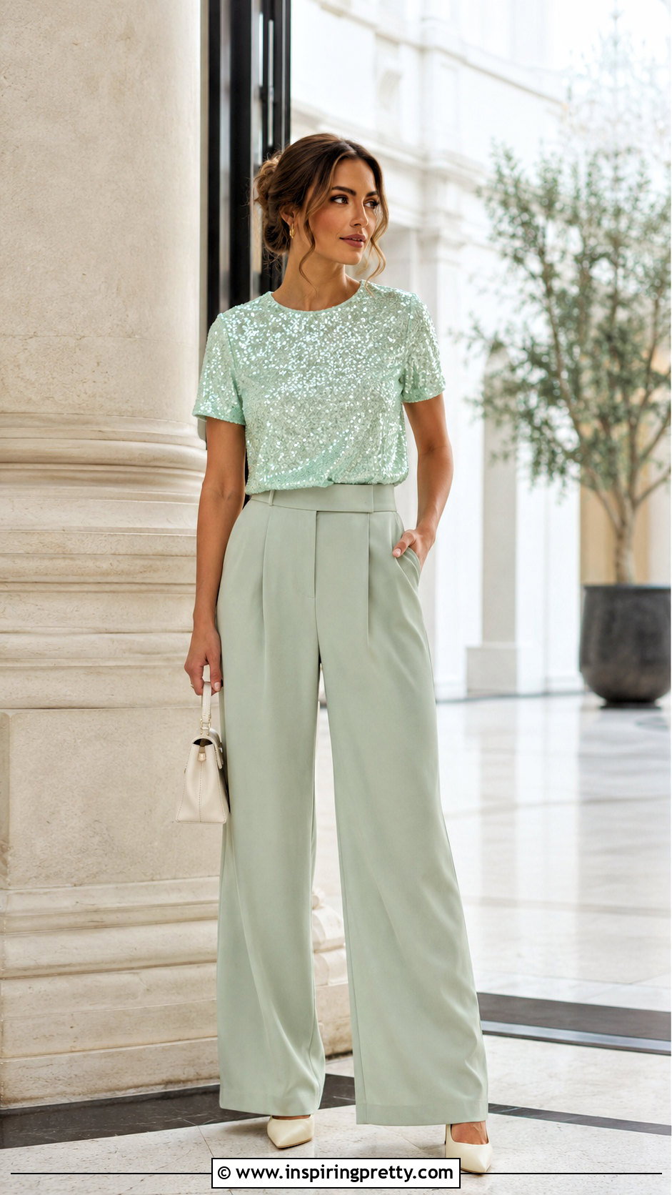 Pastel Sequin Top With Matching Pastel Trousers - 20 pastel sequin top outfit ideas