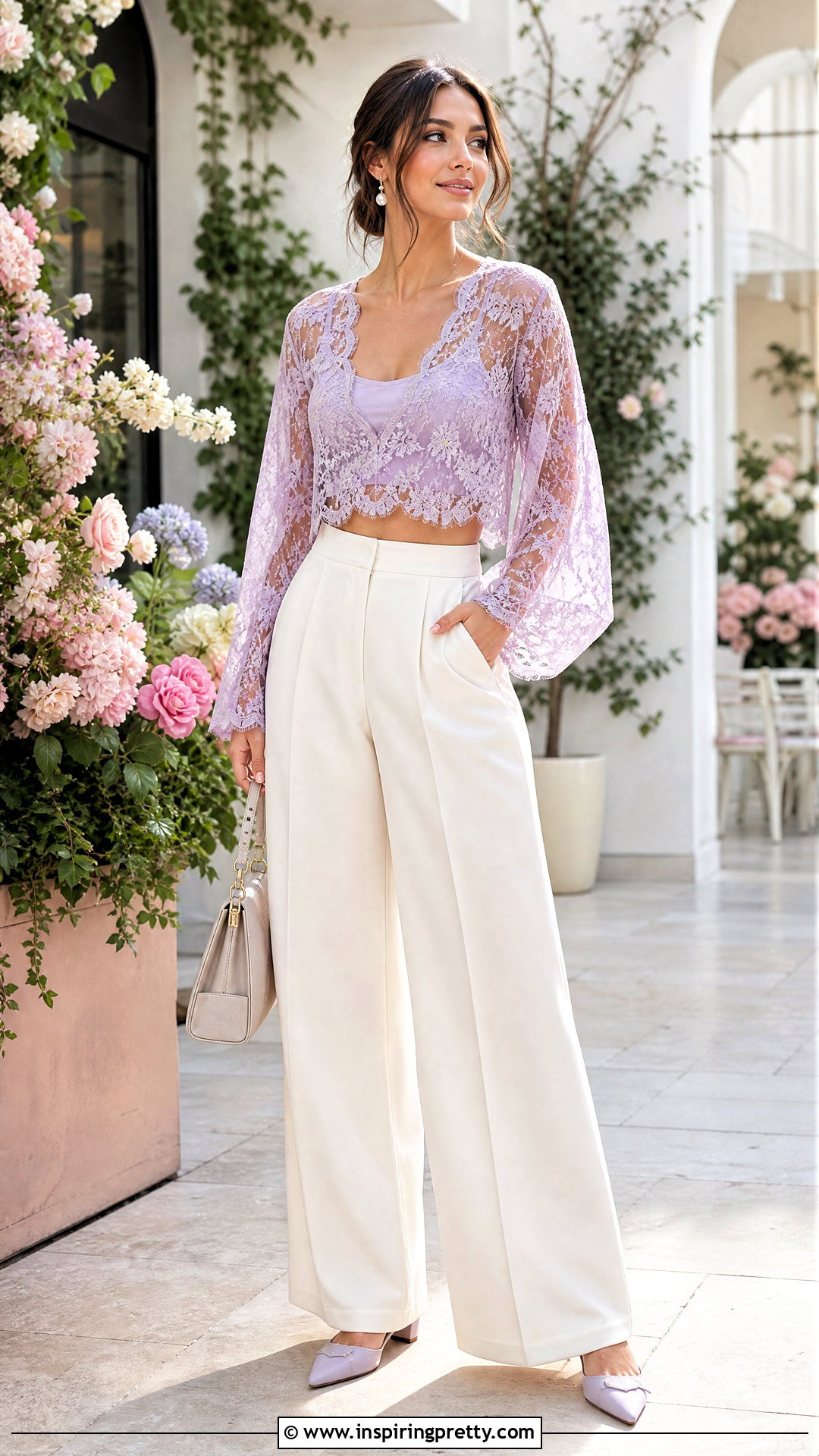 Pastel Sheer Lace Crop Top With Wide Leg Pants - 25 sheer lace crop top outfit ideas