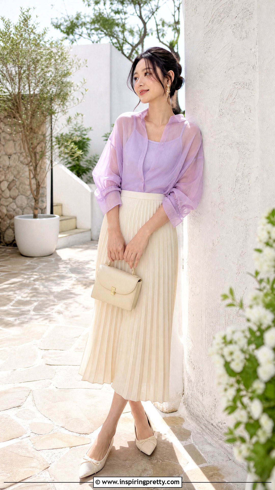 Pastel Sheer Top With Pleated Skirt - 50 sheer top outfit ideas
