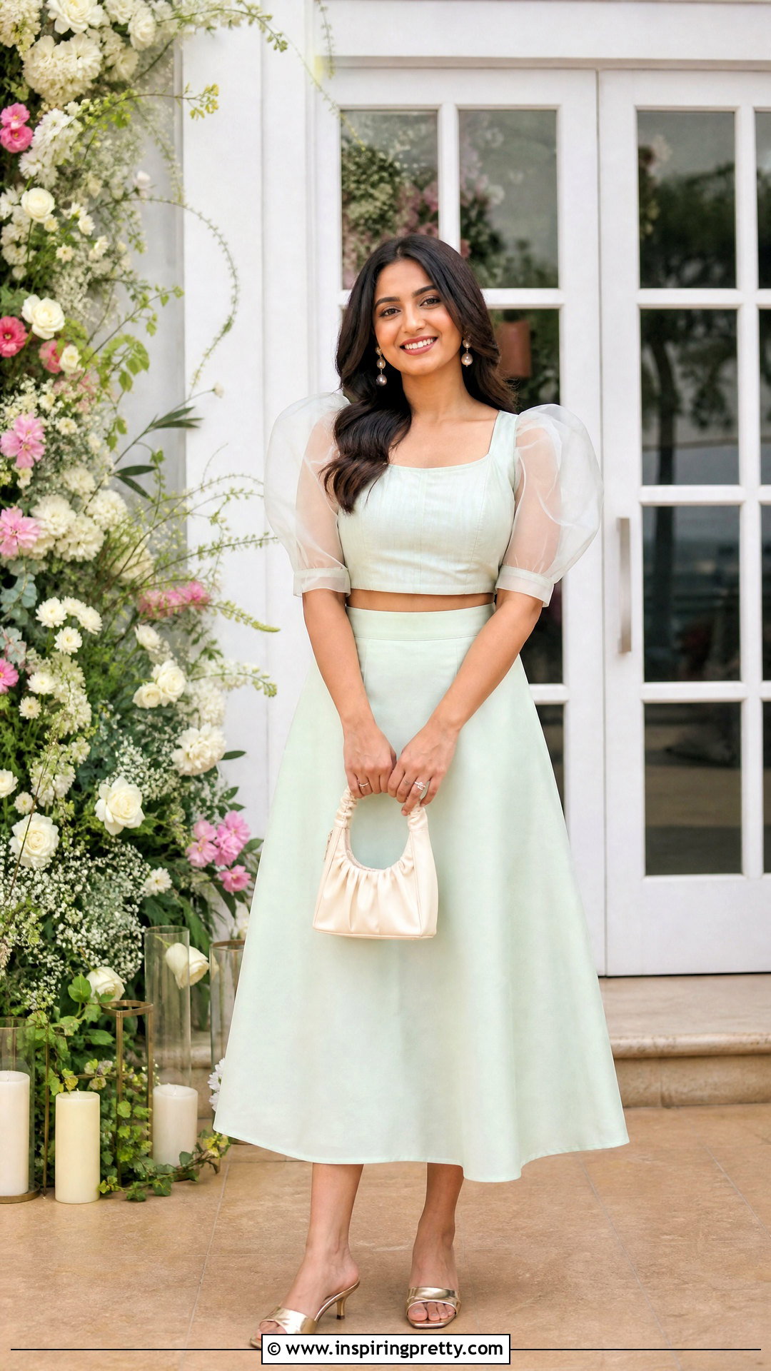 Pastel Skirt With Organza Puff Sleeve Top - 50 skirt top indian outfit ideas