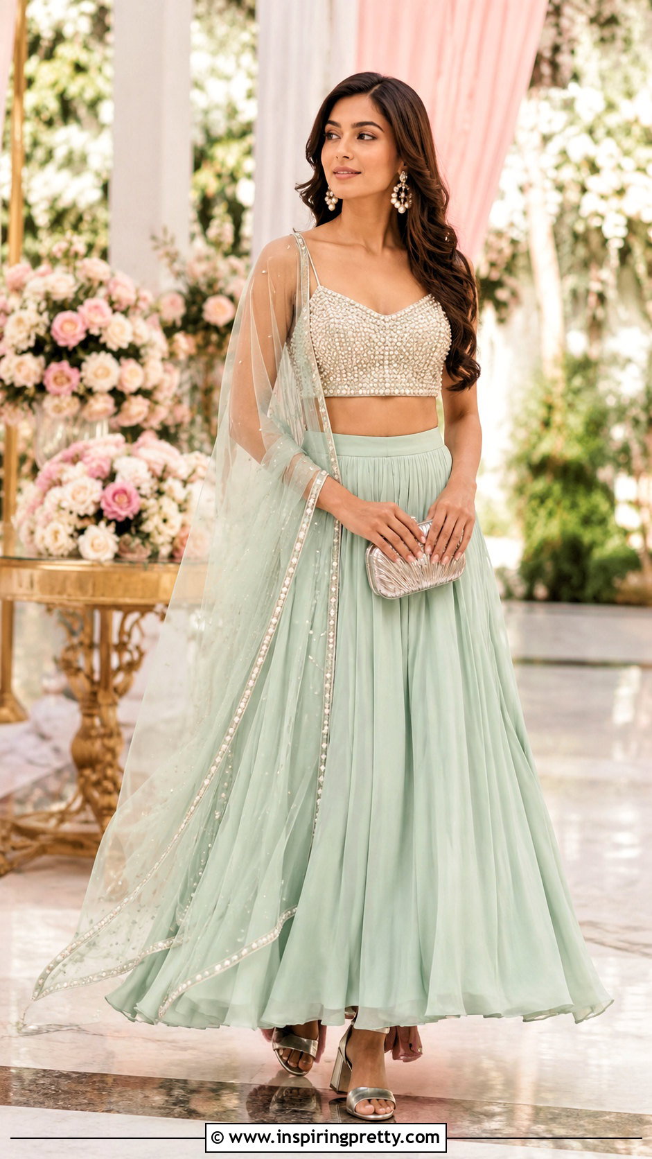 Pastel Skirt With Pearl Crop Top - 20 skirt with crop top indian outfit ideas