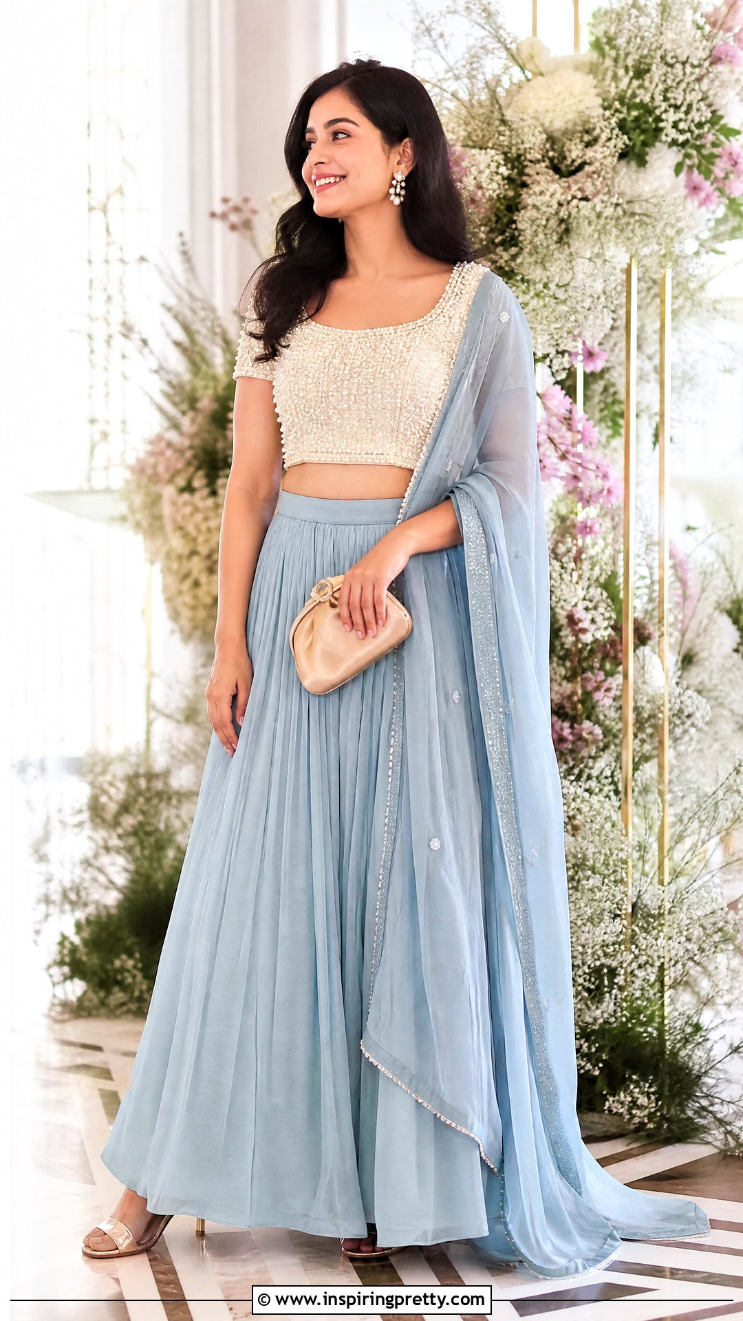 Pastel Skirt With Pearl Work Top - 50 skirt top indian outfit ideas