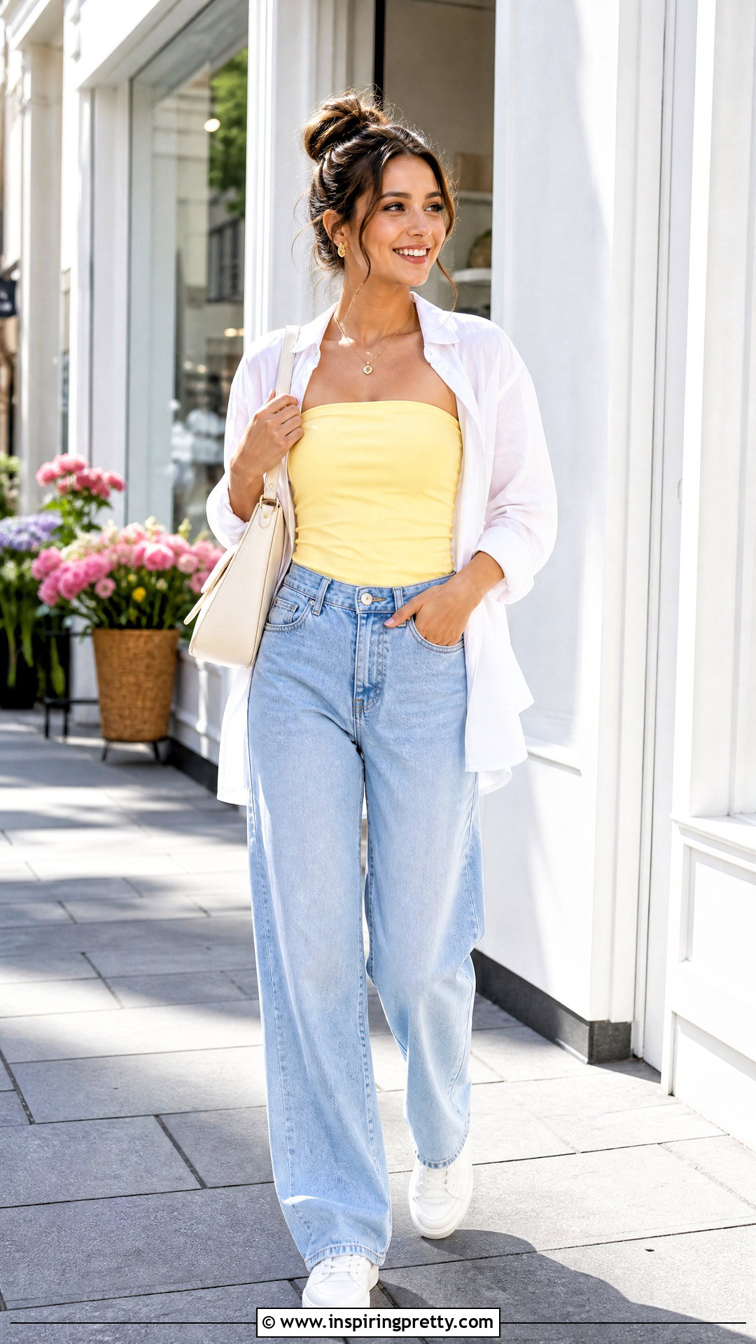 Pastel Strapless Top With Light Wash Jeans - 50 strapless top outfit ideas