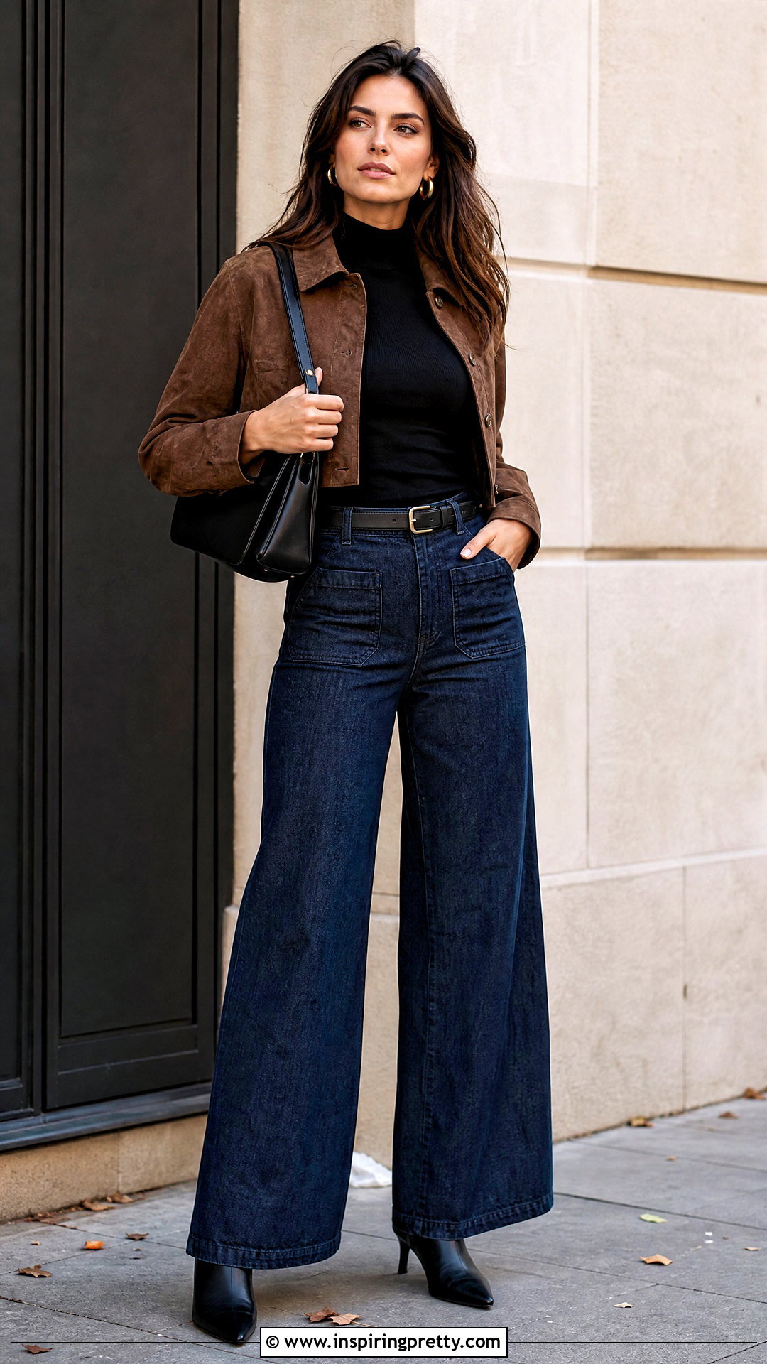 Patch Pocket Jeans And Black Mock Neck Top Outfit - 50 jeans and black top outfit ideas