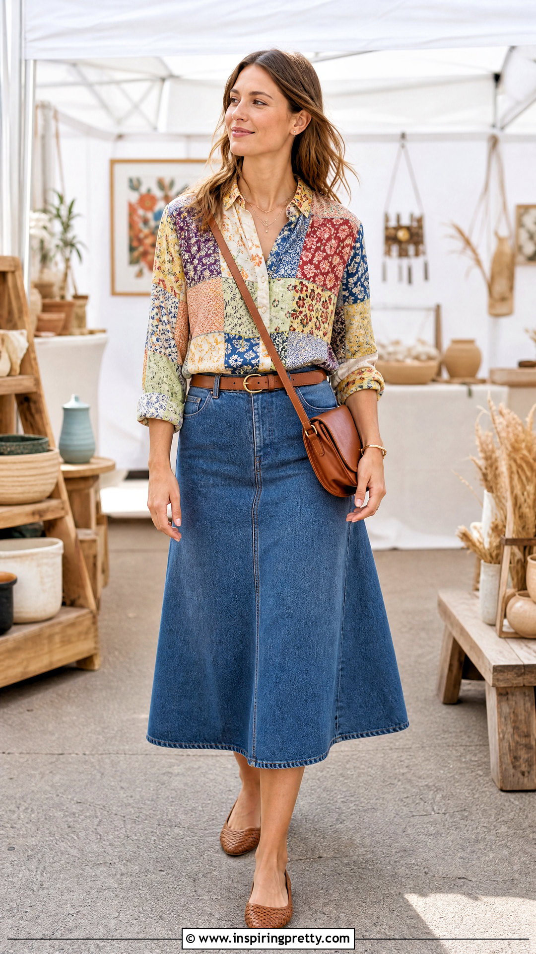 Patchwork Blouse With Denim Skirt - 50 whimsical tops outfit ideas