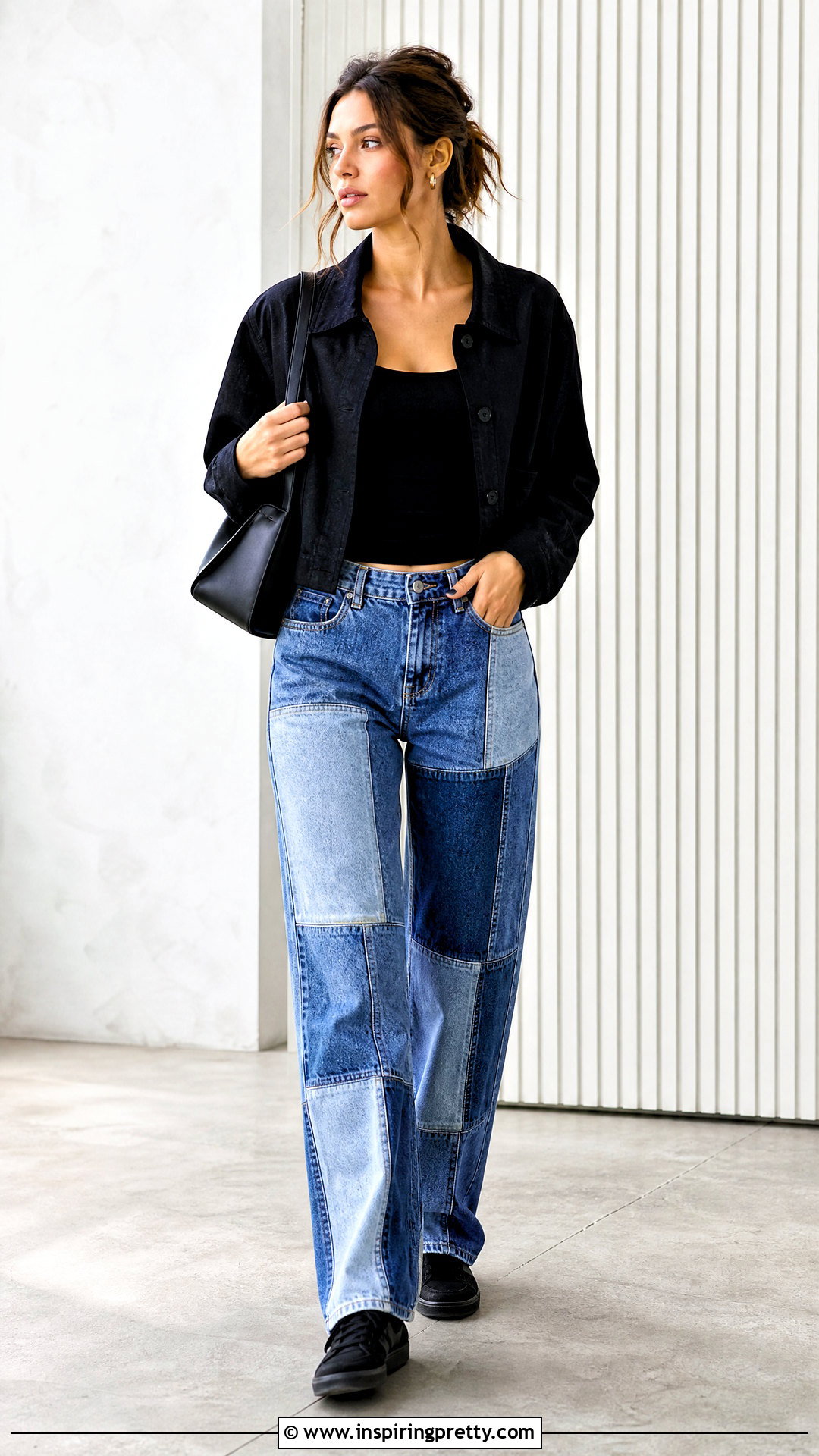 Patchwork Blue Jeans And Black Tank Top Outfit - 50 blue jeans and black top outfit ideas