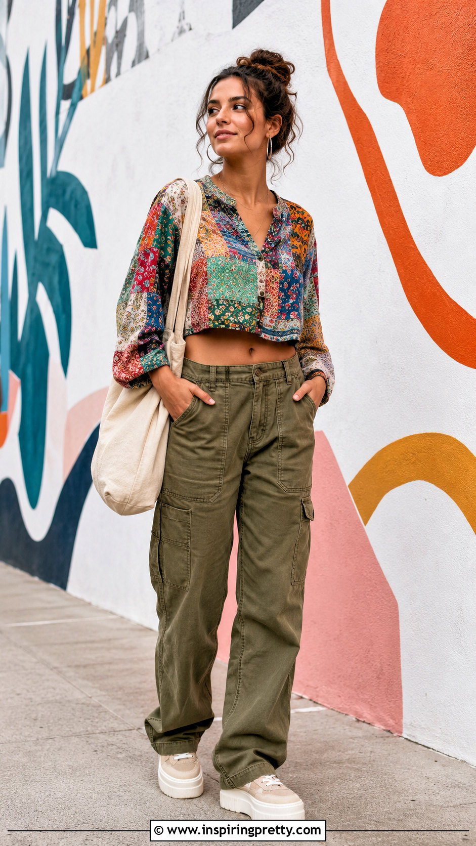 Patchwork Bohemian Top With Utility Pants - 20 bohemian chic tops outfit ideas