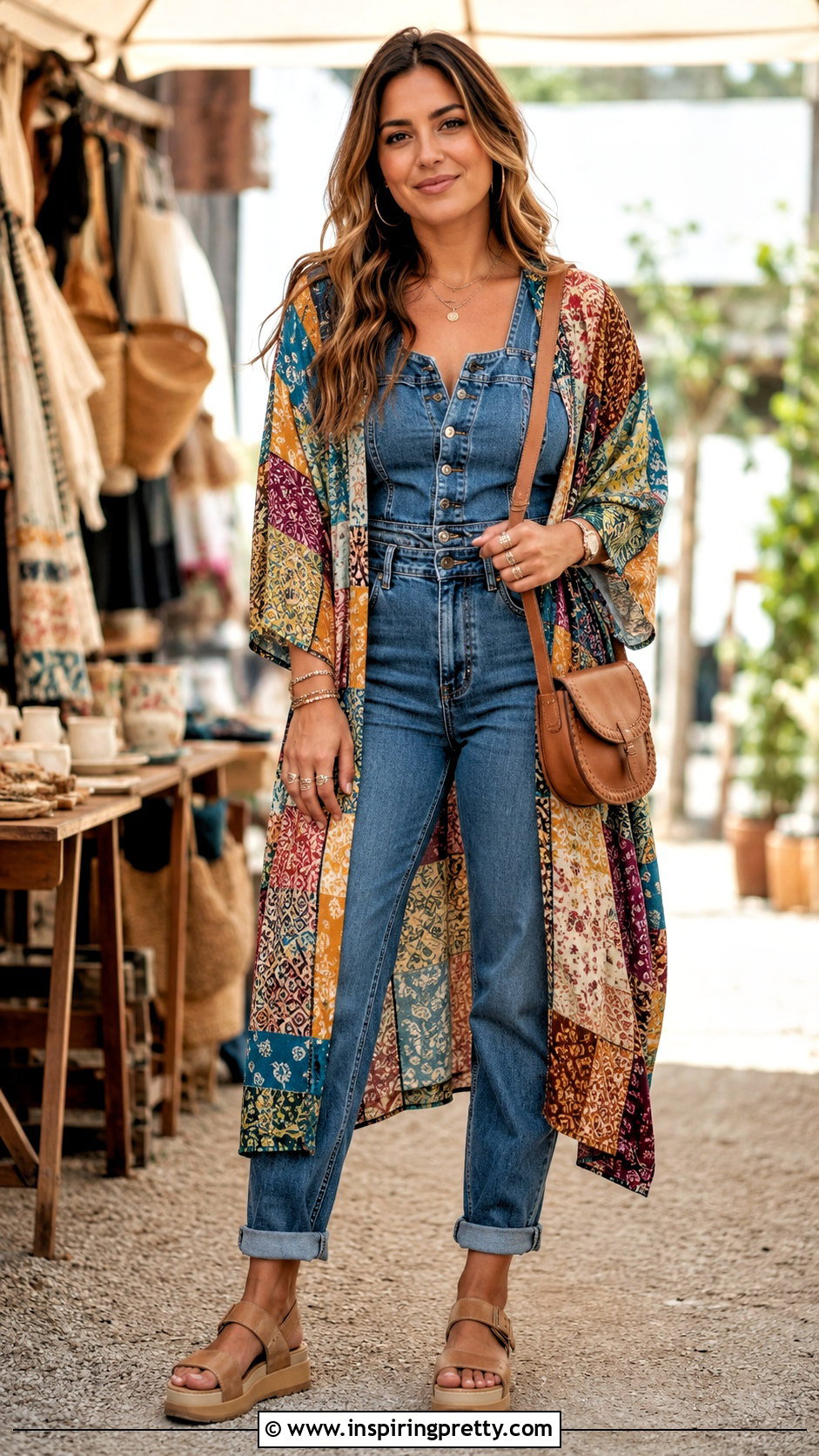 Patchwork Boho Kimono Top With Denim Jumpsuit - 20 boho kimono top outfit ideas