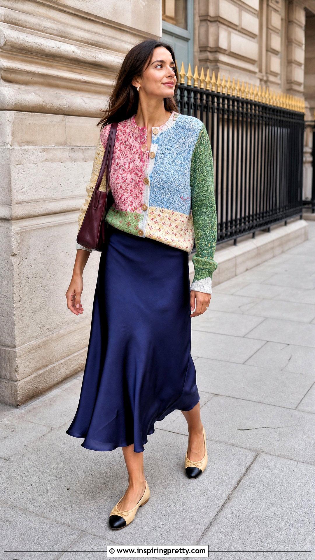Patchwork Cardigan With Satin Skirt - 50 whimsical tops outfit ideas