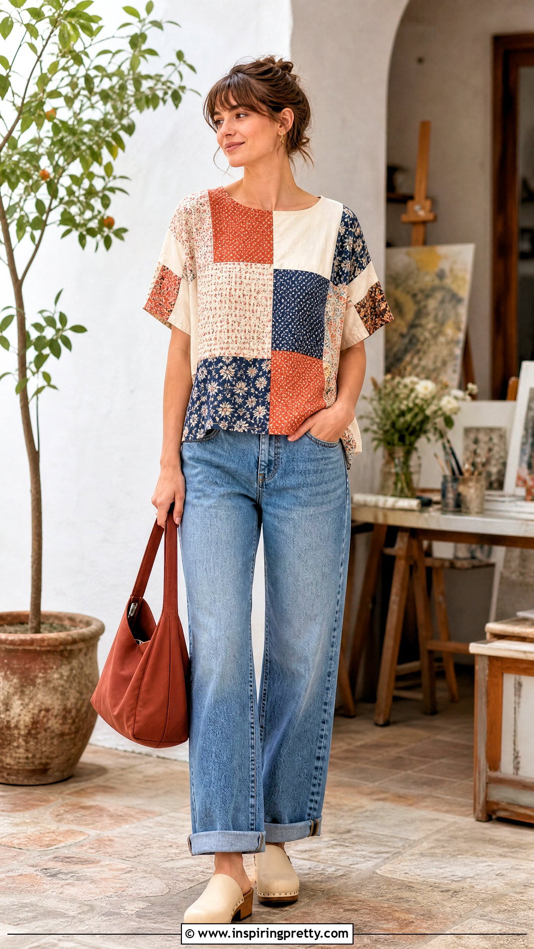 Patchwork Cotton Top With Relaxed Jeans - 50 cotton tops designs for jeans