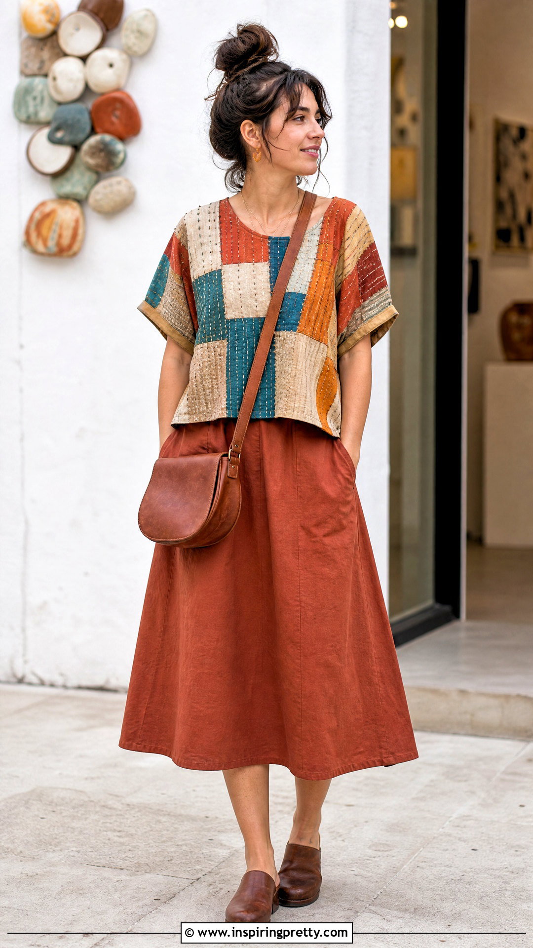 Patchwork Cotton Top With Solid Midi Skirt - 50 cotton top designs for women