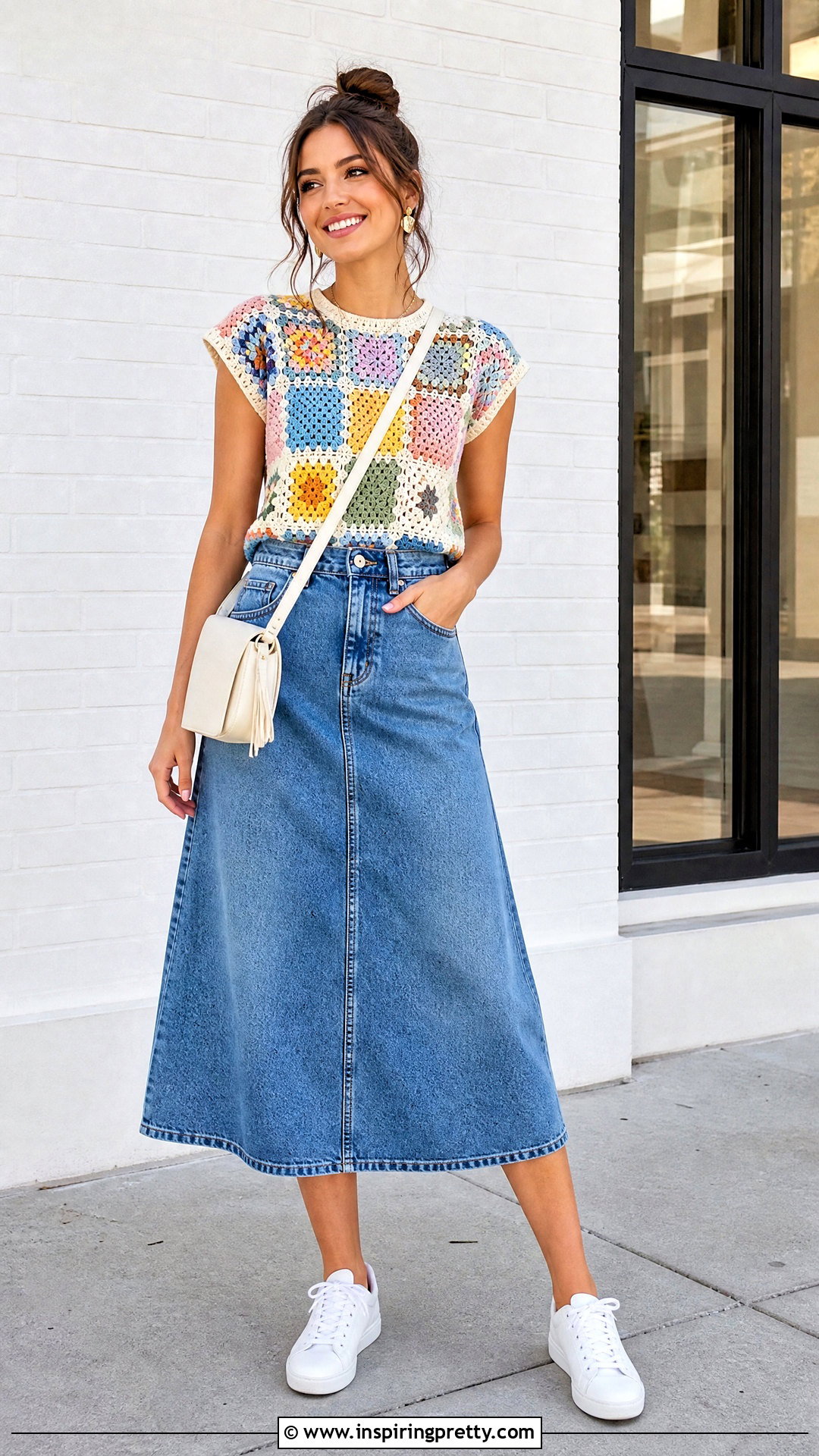 Patchwork Crochet Top And Denim Skirt - 50 simple crochet tops outfit ideas