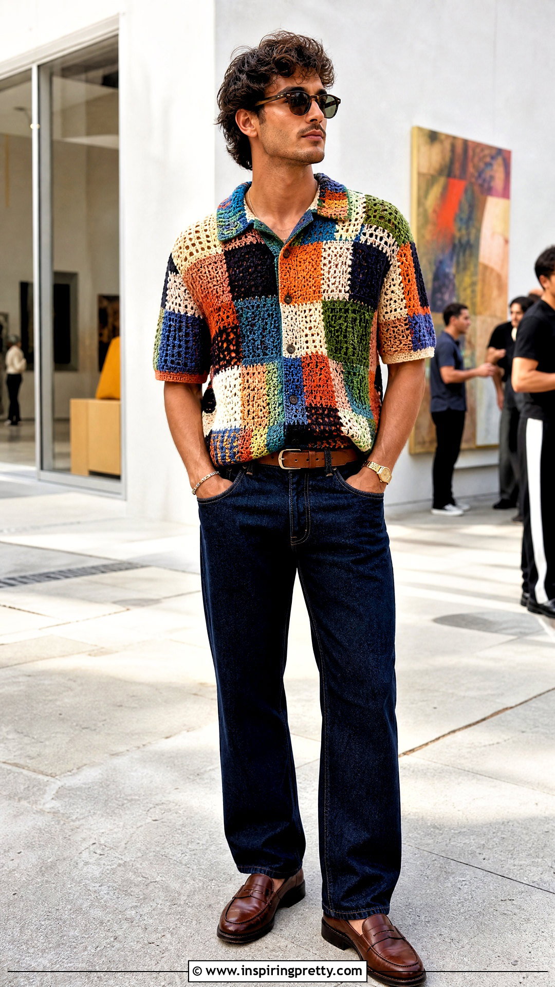Patchwork Crochet Top With Dark Denim - 50 crochet top for men outfit ideas