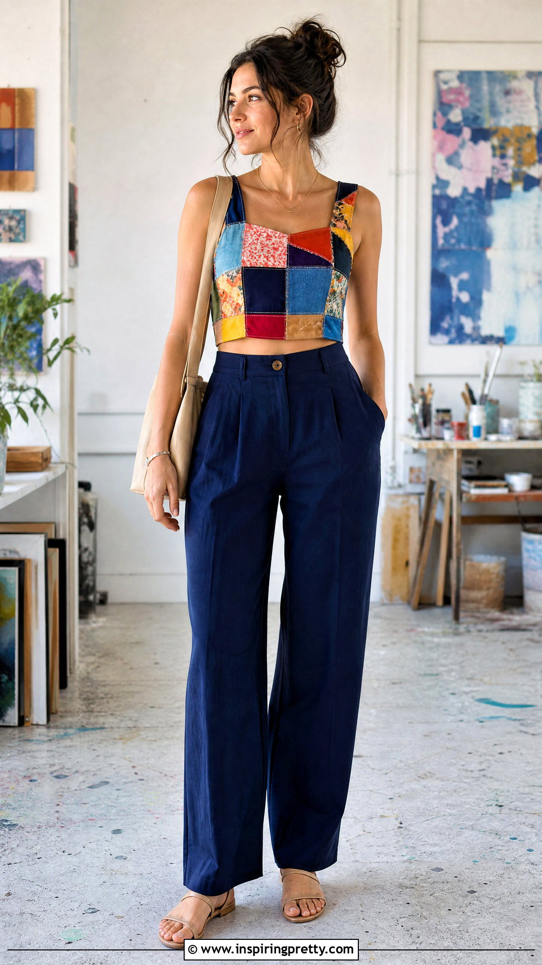 Patchwork Crop Top With Solid Trousers - 50 como hacer tops cortos