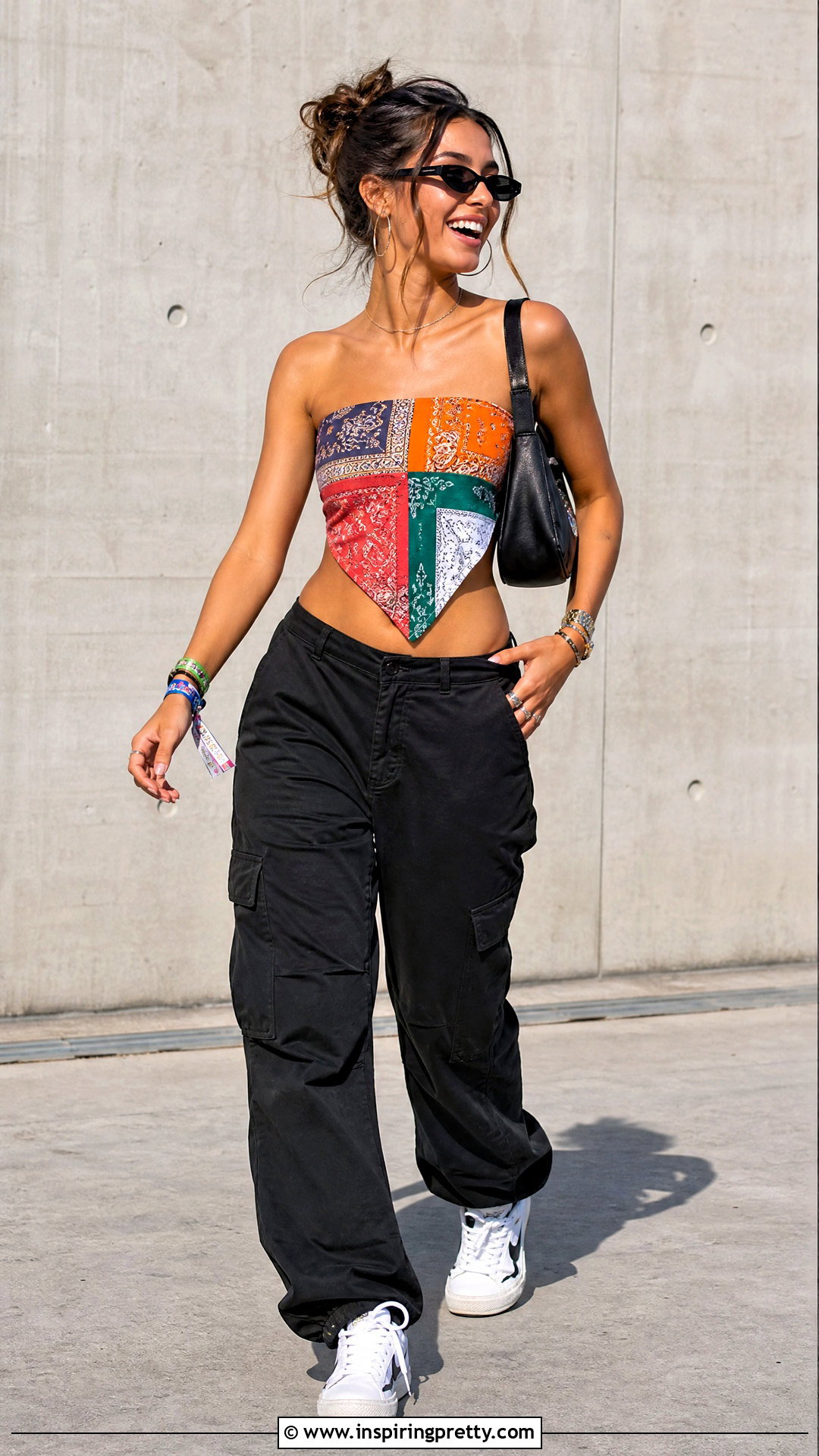 Patchwork DIY Bandanna Top With Cargo Pants - 20 diy bandanna top outfit ideas