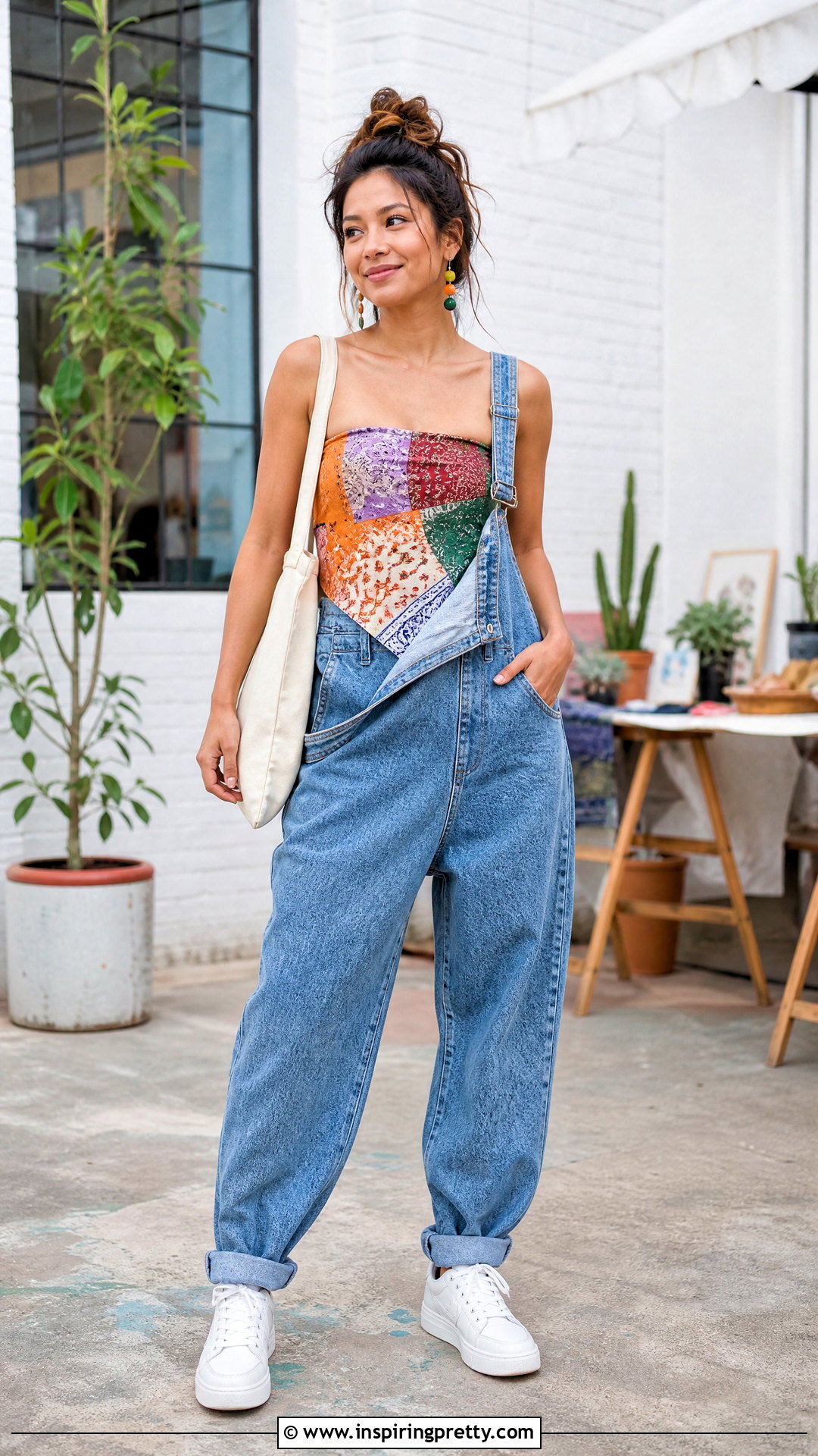 Patchwork DIY Bandanna Top With Denim Overalls - 20 diy bandanna top outfit ideas