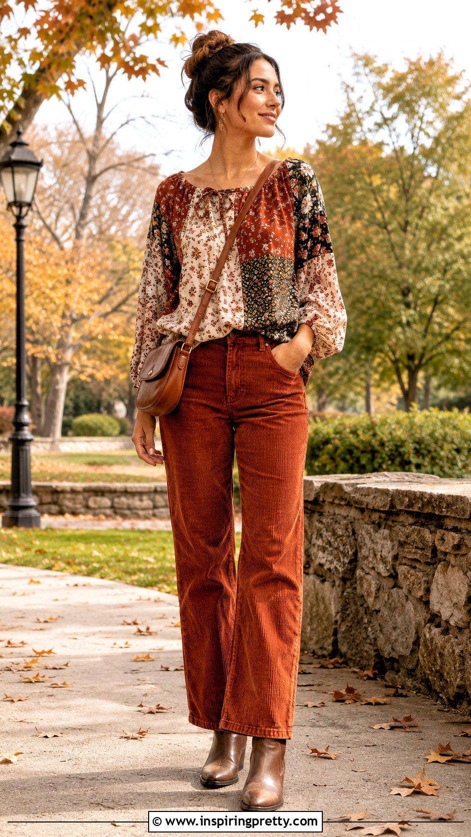 Patchwork DIY Peasant Top With Corduroy Pants - 20 easy diy peasant top outfit ideas