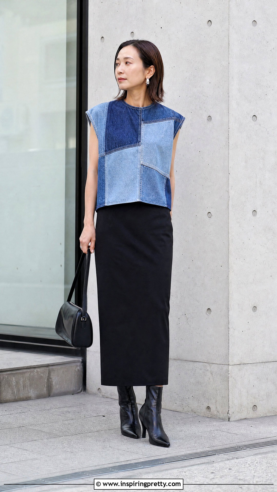 Patchwork Denim Top With Black Skirt Outfit - 50 denim tops outfit ideas for women