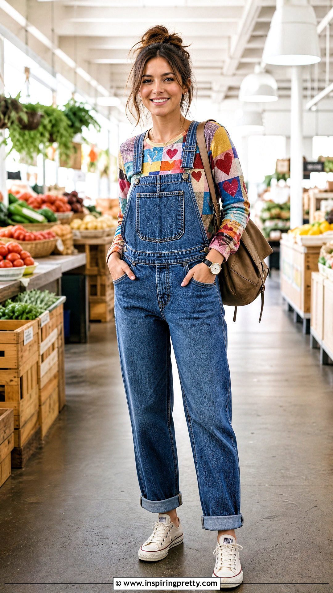 Patchwork Heart Top With Denim Overalls - 25 heart top aesthetic ideas